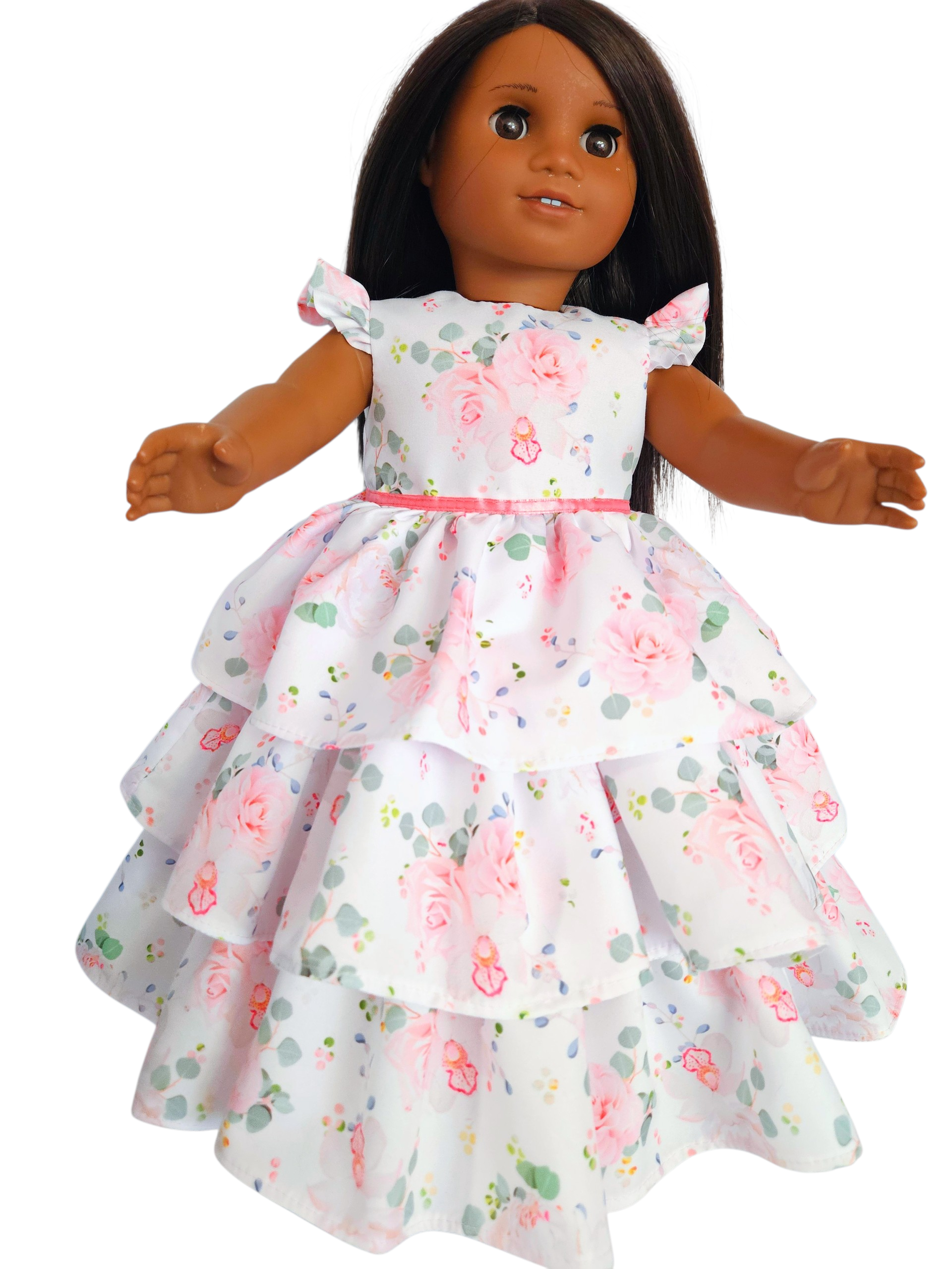 White Pink Rose Floral Ruffle Gown for 18 inch doll