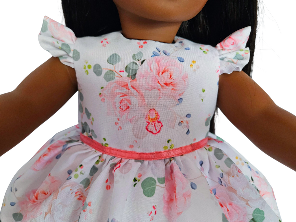 White Pink Rose Floral Ruffle Gown for 18 inch doll