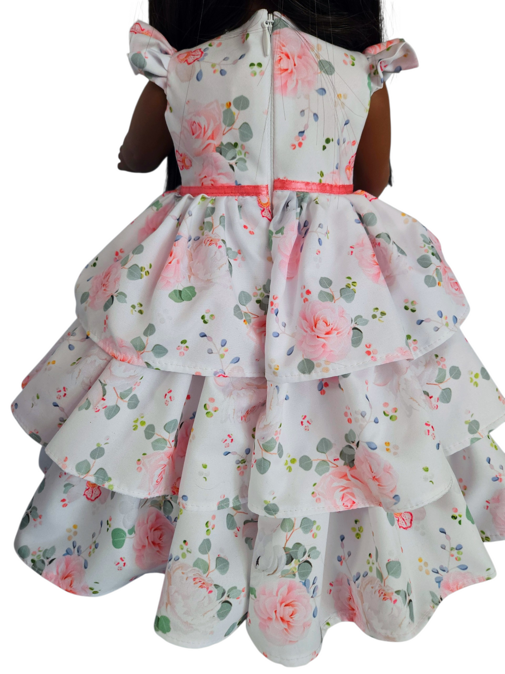 White Pink Rose Floral Ruffle Gown for 18 inch doll