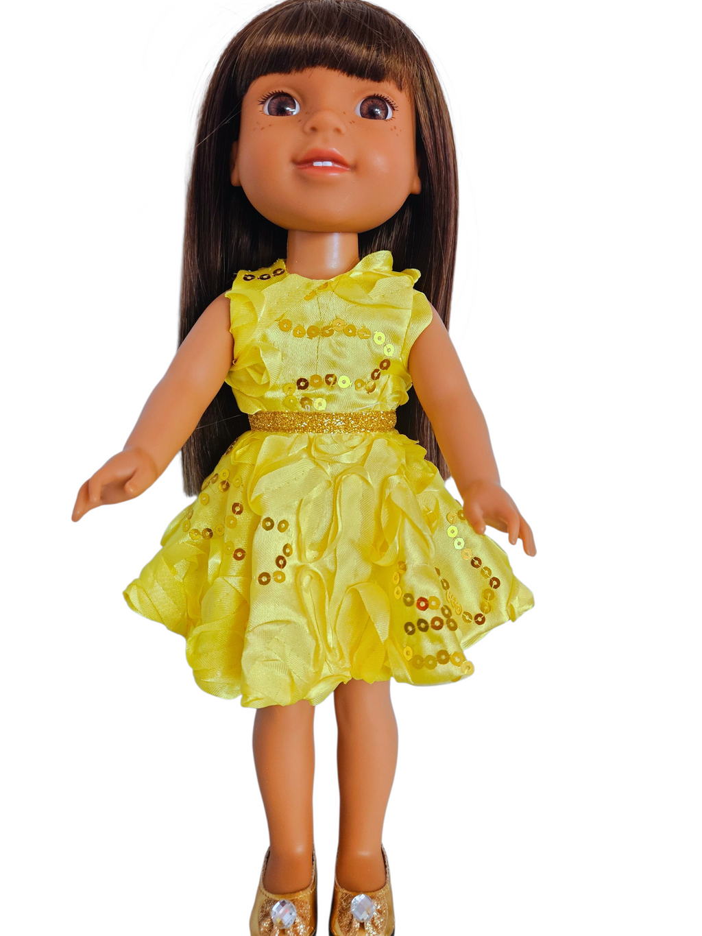Yellow Ribbon Sequin Dress for Wellie Wisher doll/14.5 inch doll/handmade