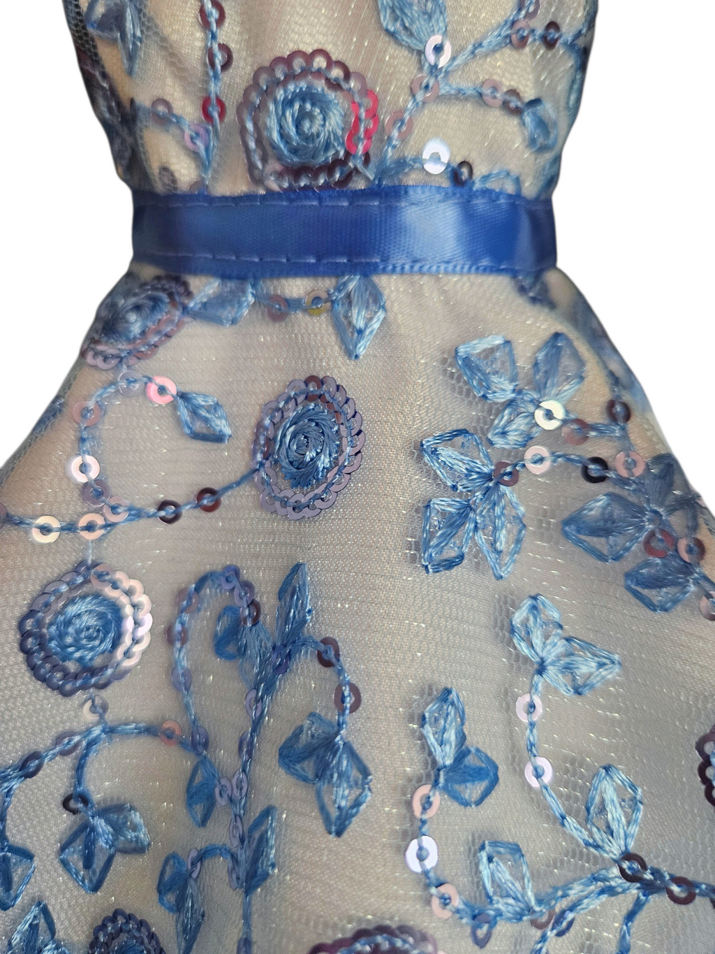 Blue and White Sequin Floral Dress/handmade/Wellie doll
