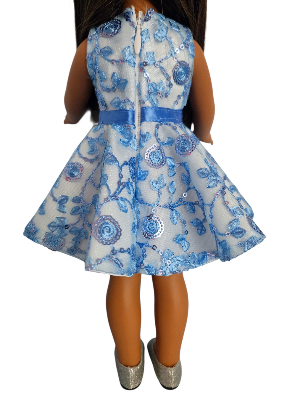 Blue and White Sequin Floral Dress/handmade/Wellie doll