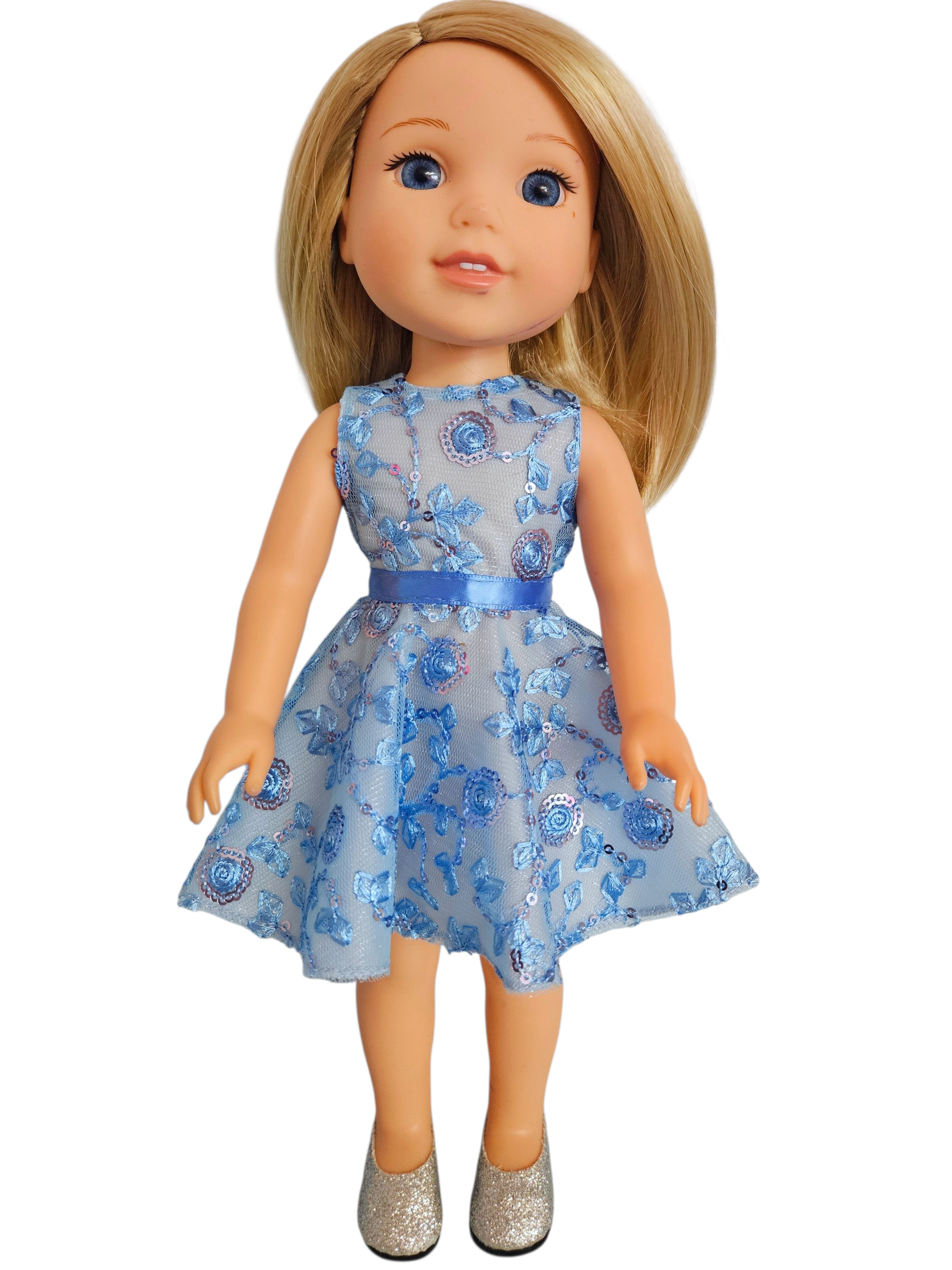 Blue Sequin Floral Dress/handmade/Wellie doll (Copy)