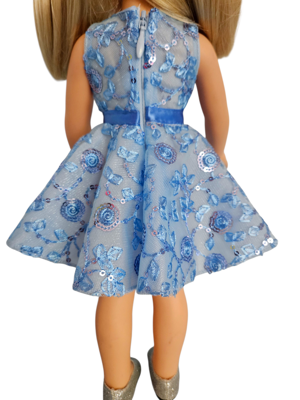 Blue Sequin Floral Dress/handmade/Wellie doll (Copy)