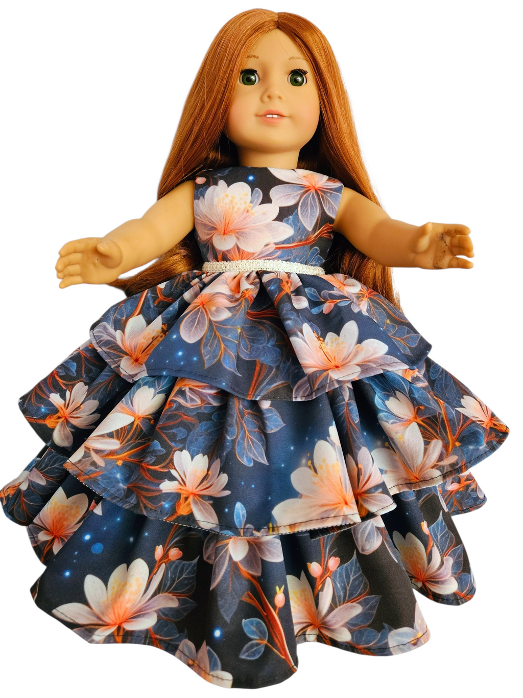 18 inch doll clothes Navy Floral Ruffled Gown American Girl Handmade