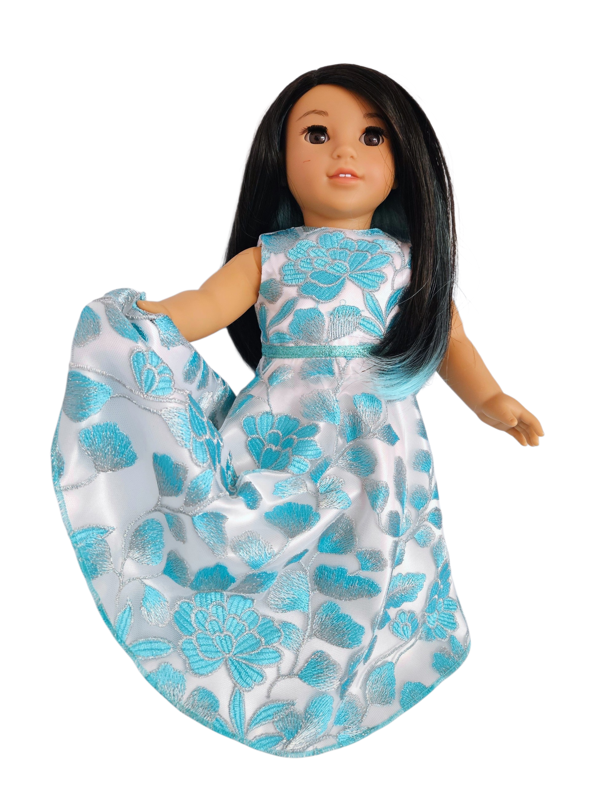 18 inch doll Aqua & White Embroidered Floral Gown