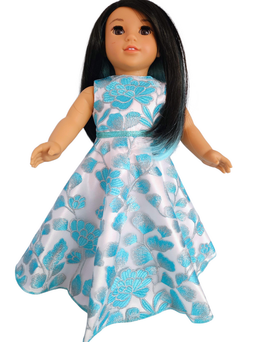 18 inch doll Aqua & White Embroidered Floral Gown