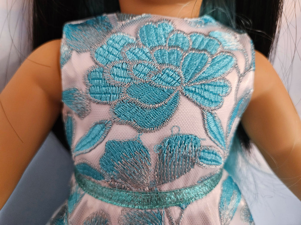 18 inch doll Aqua & White Embroidered Floral Gown