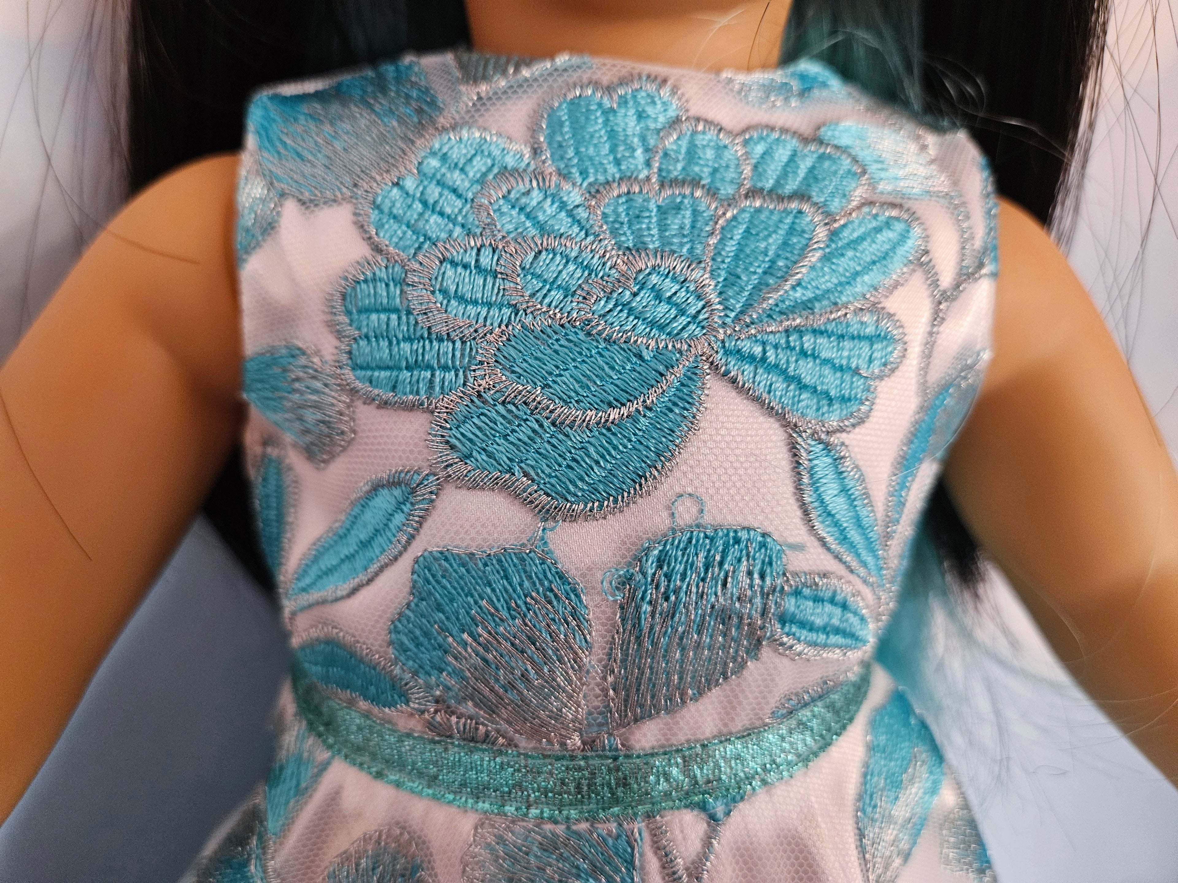 18 inch doll Aqua & White Embroidered Floral Gown