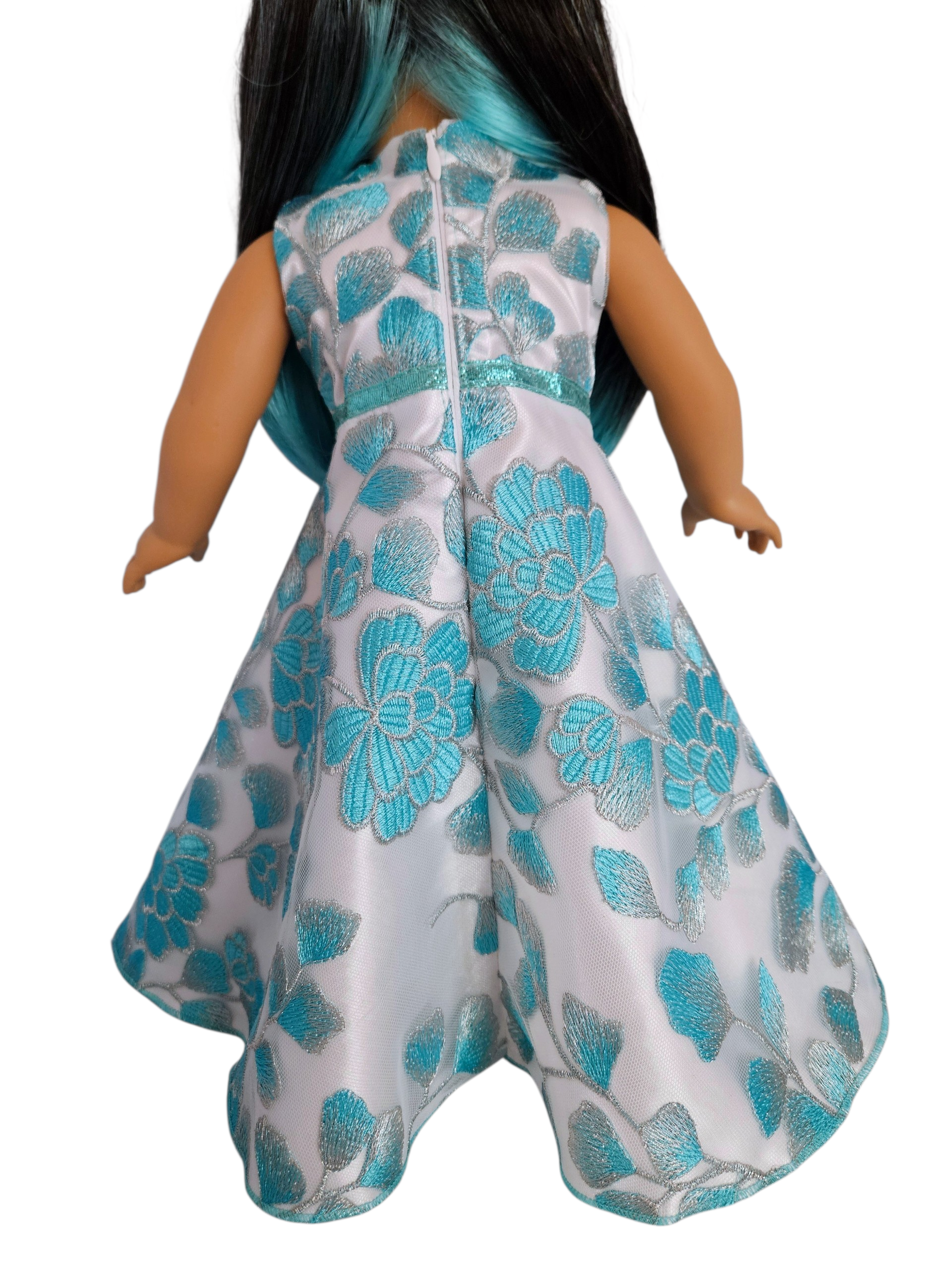18 inch doll Aqua & White Embroidered Floral Gown