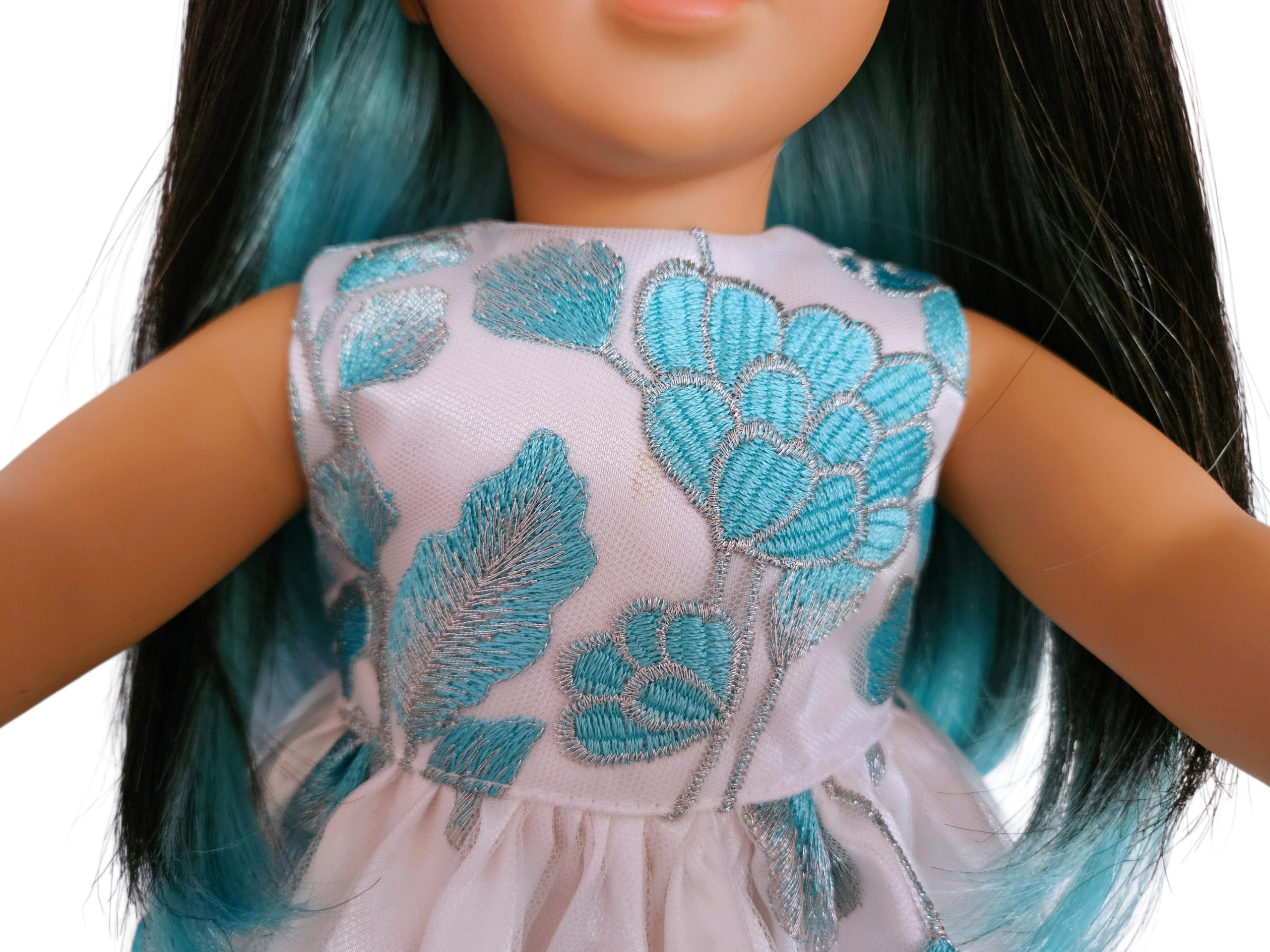 18 inch doll Gown - Aqua Embroidered Floral Gown