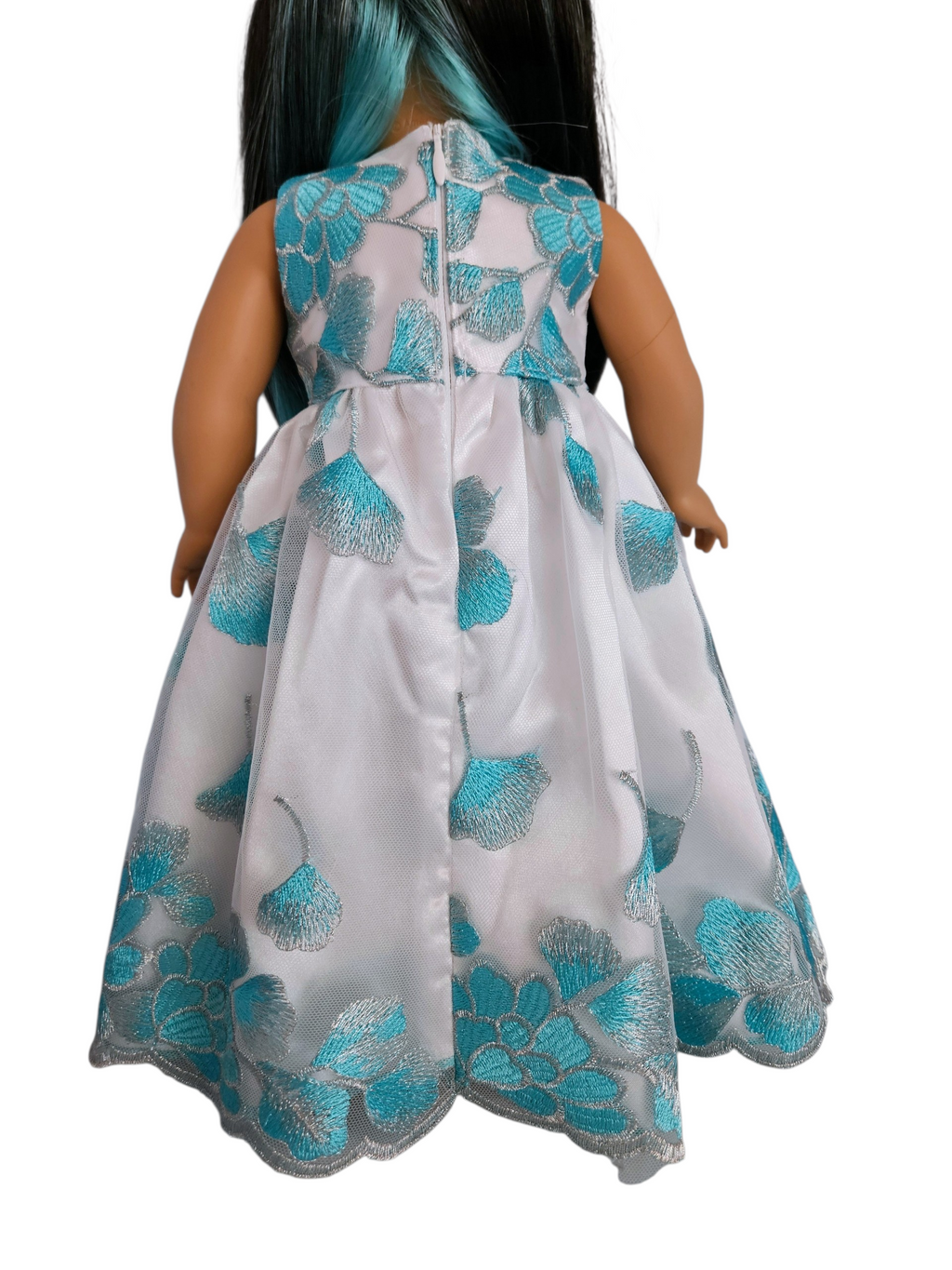 18 inch doll Gown - Aqua Embroidered Floral Gown