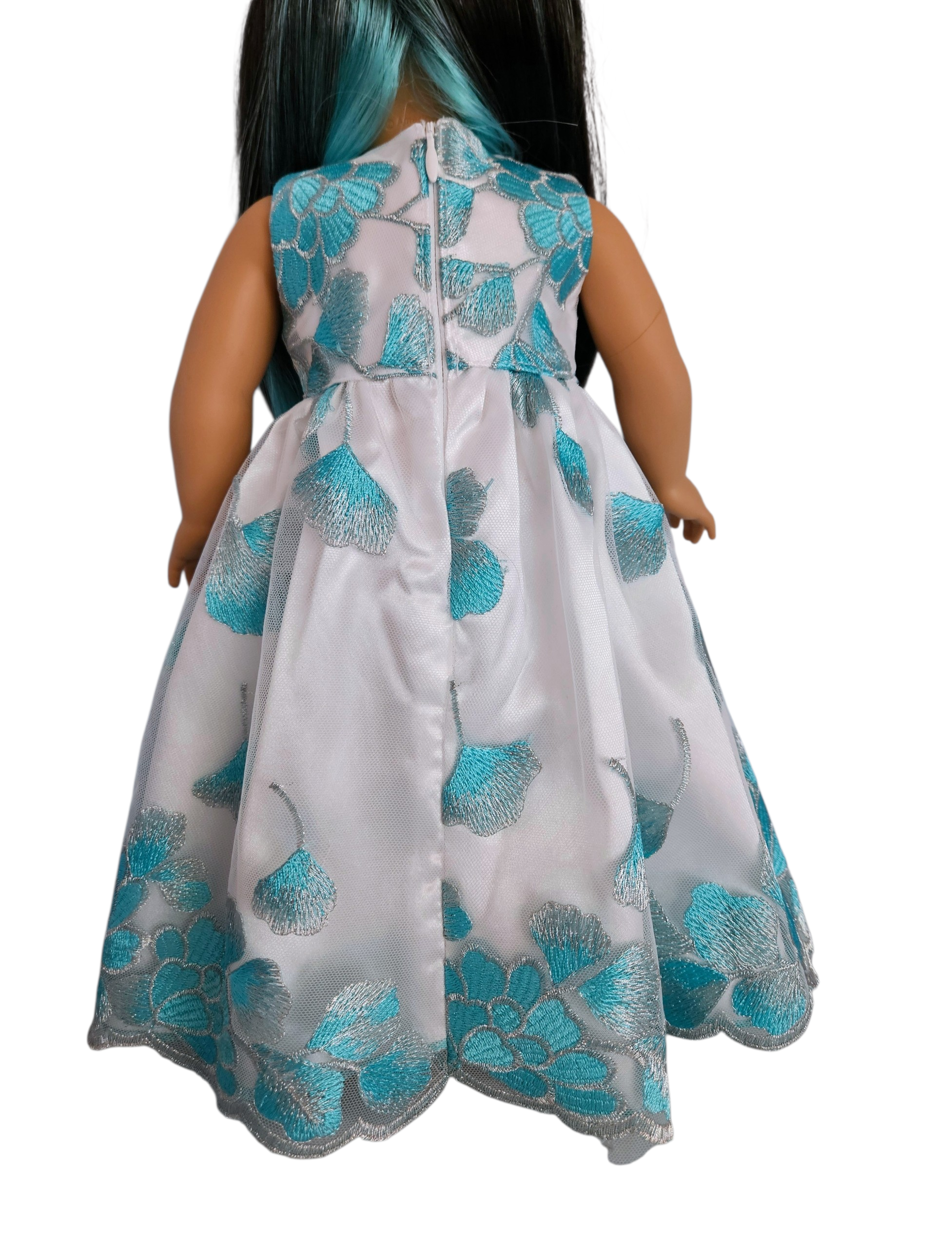 18 inch doll Gown - Aqua Embroidered Floral Gown
