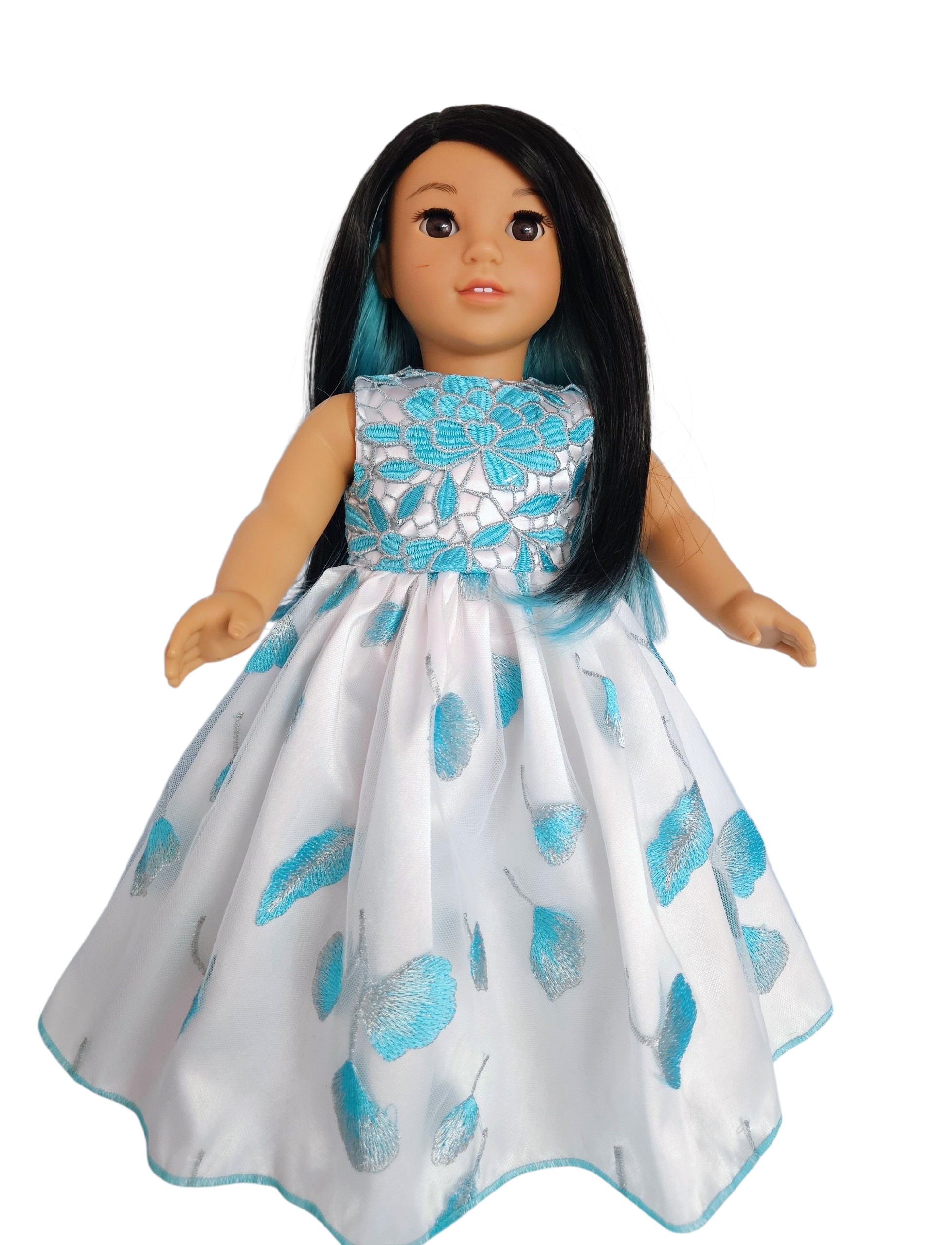 18 inch doll Aqua Embroidered Floral Gown