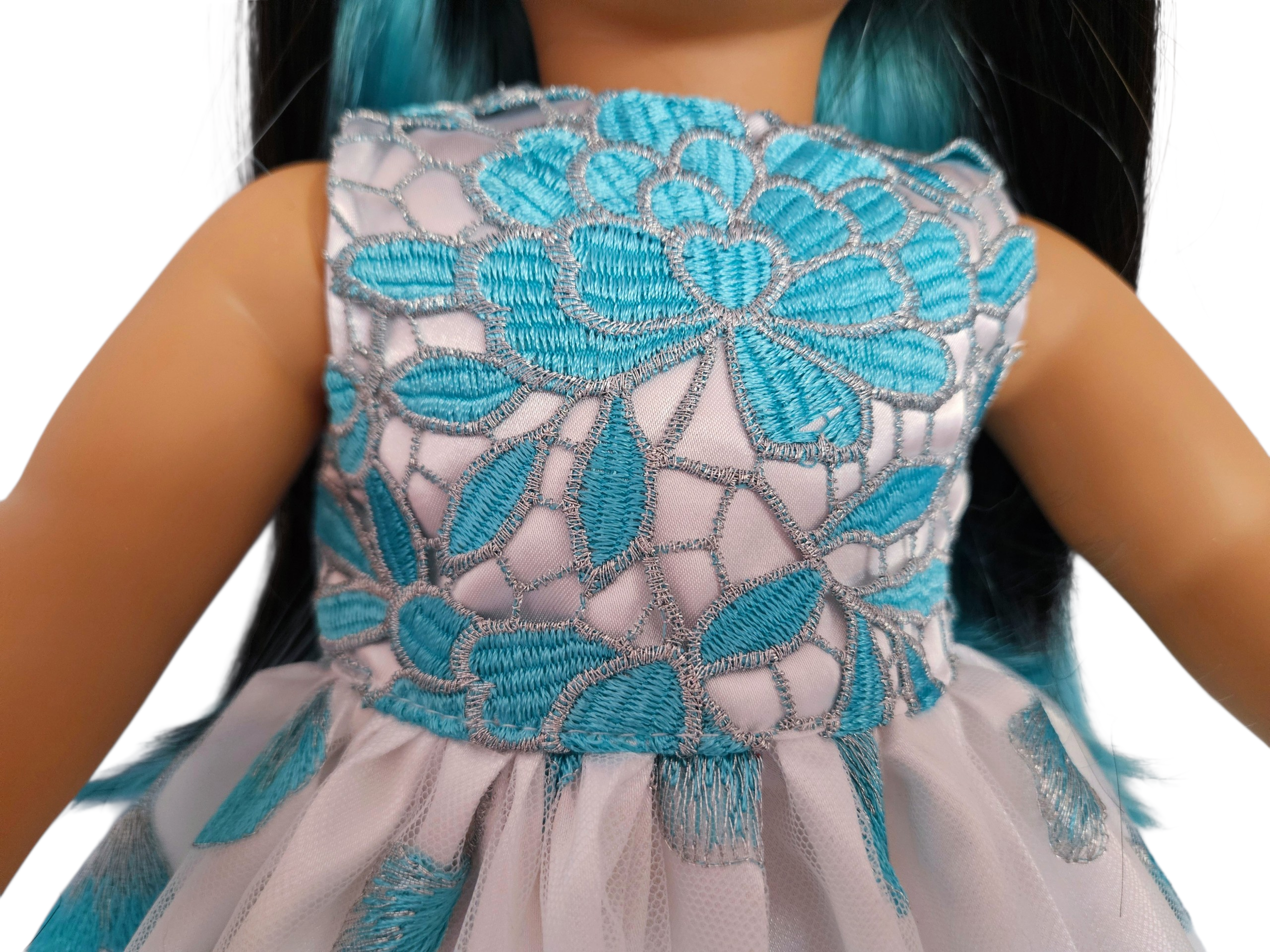 18 inch doll Aqua Embroidered Floral Gown