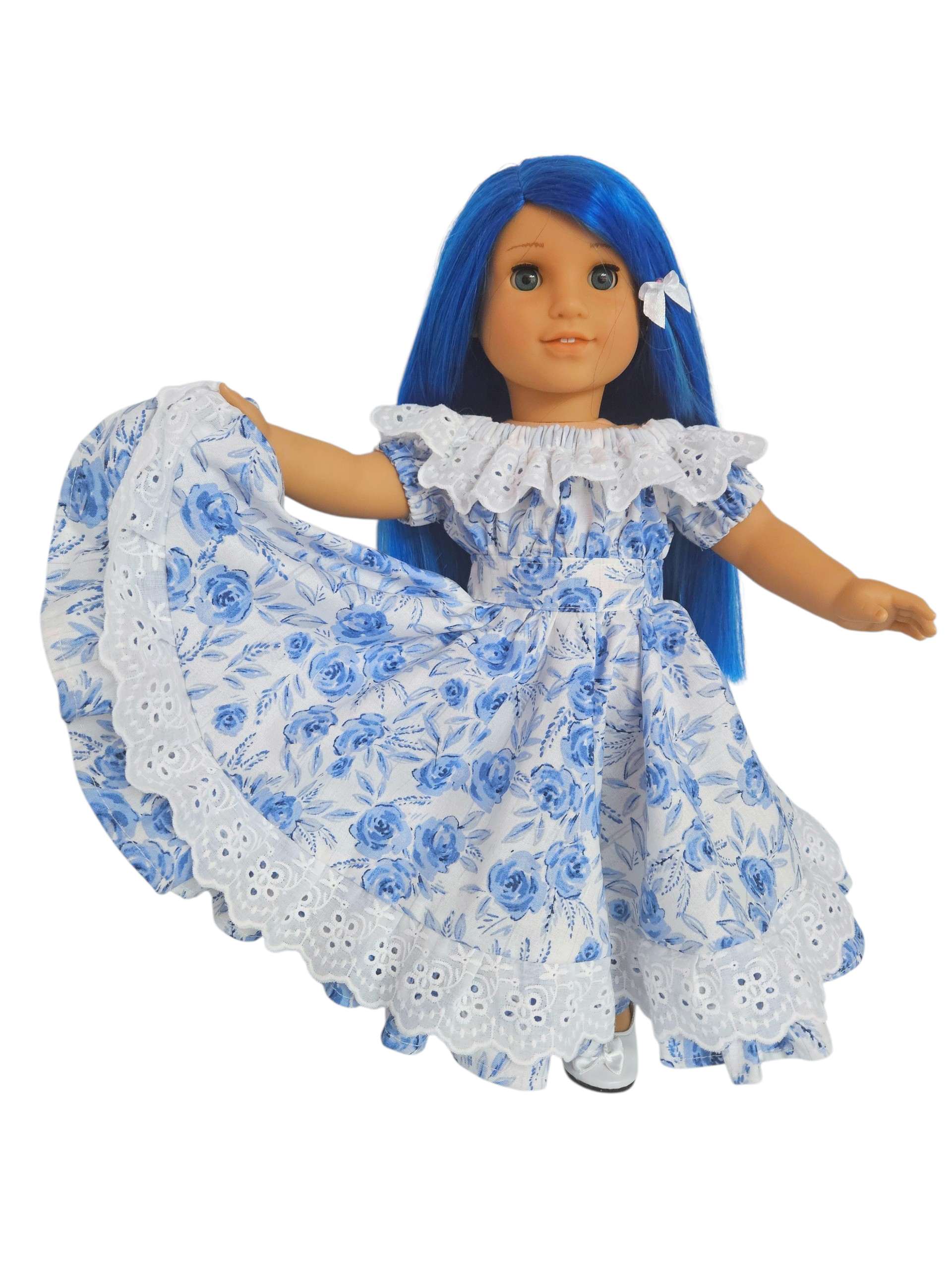 18 inch doll White and Blue Festive Gown