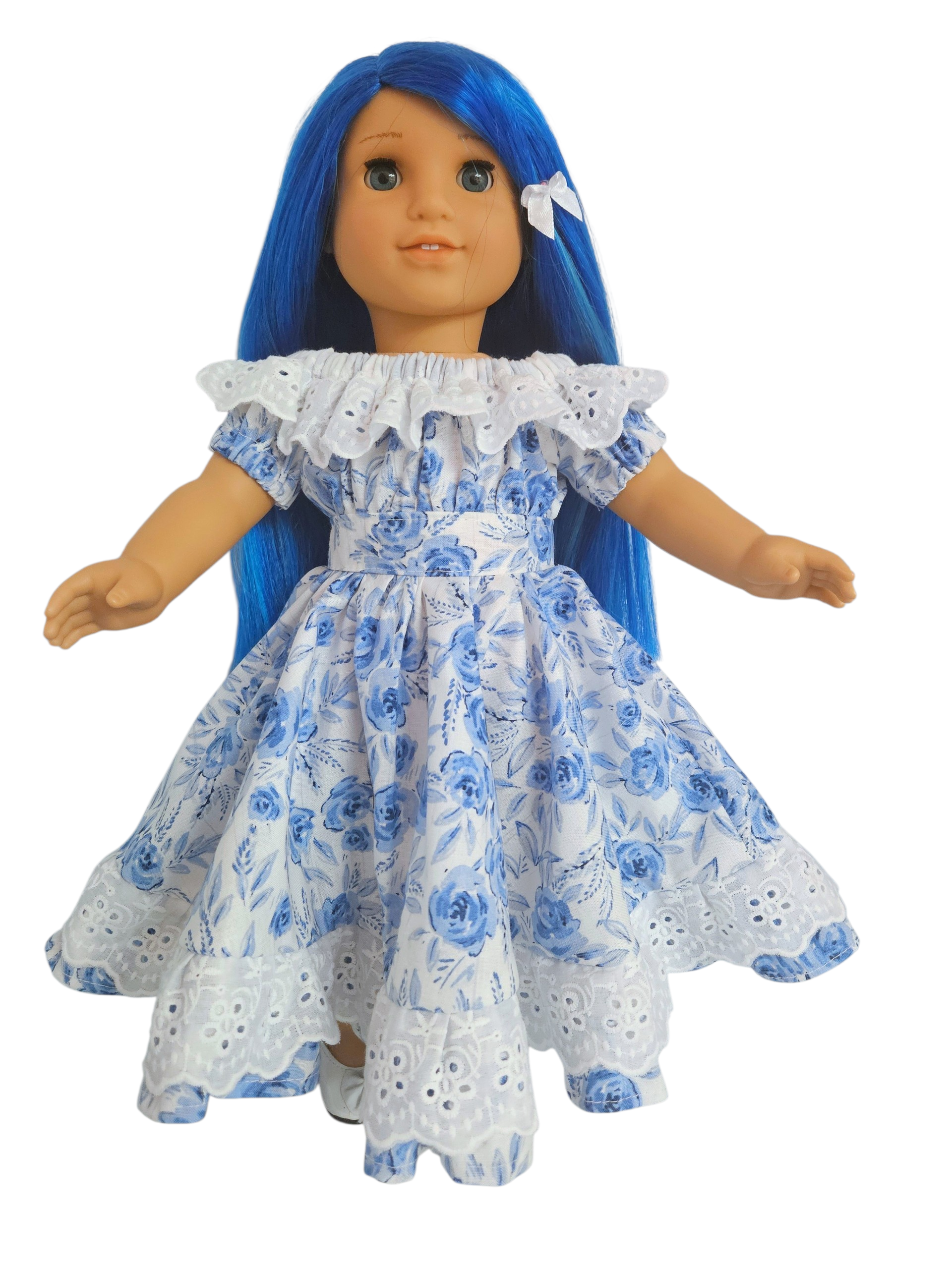 18 inch doll White and Blue Festive Gown