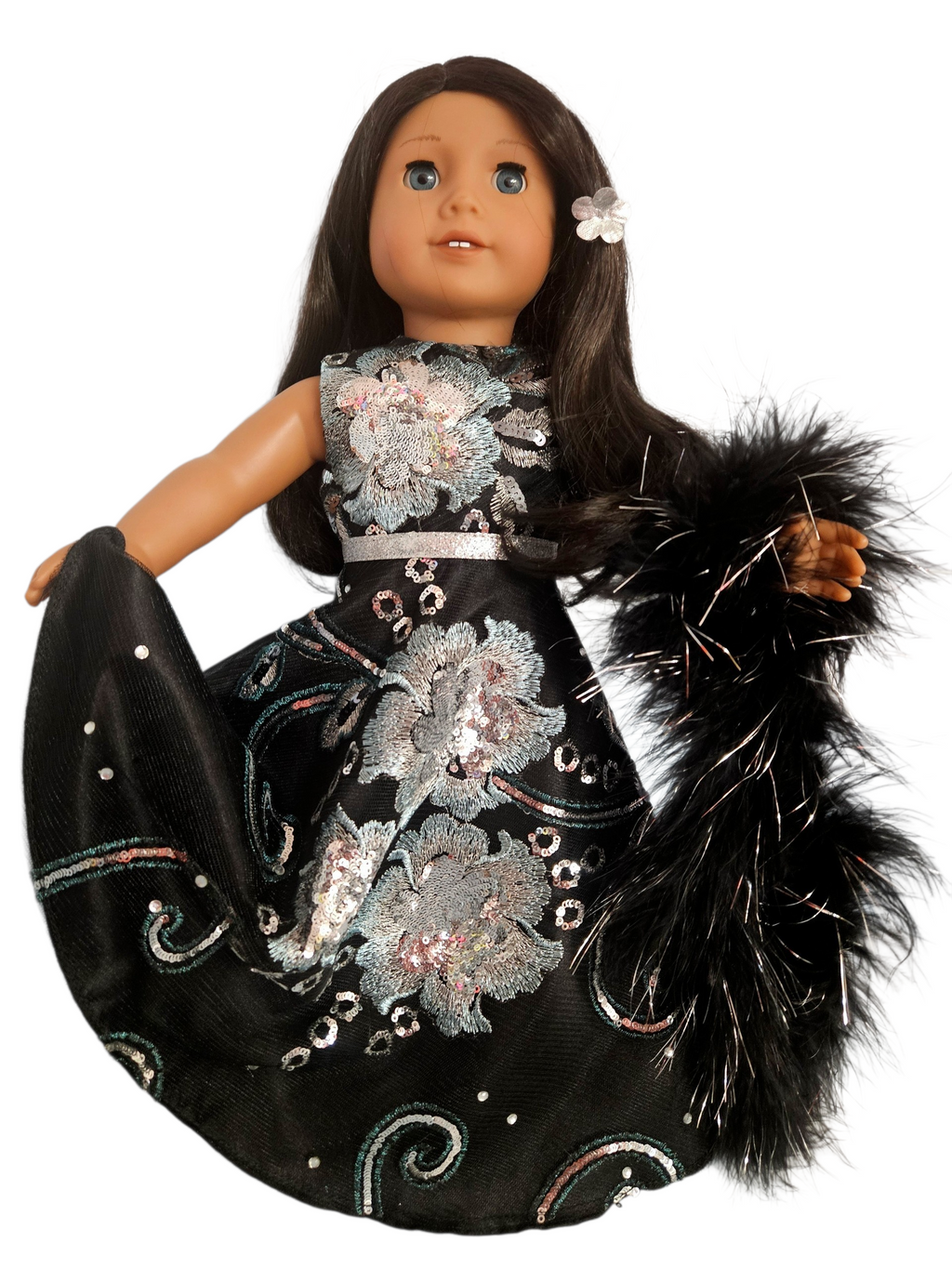 18 inch doll Black & Silver Floral Sequin Gown and Boa #402
