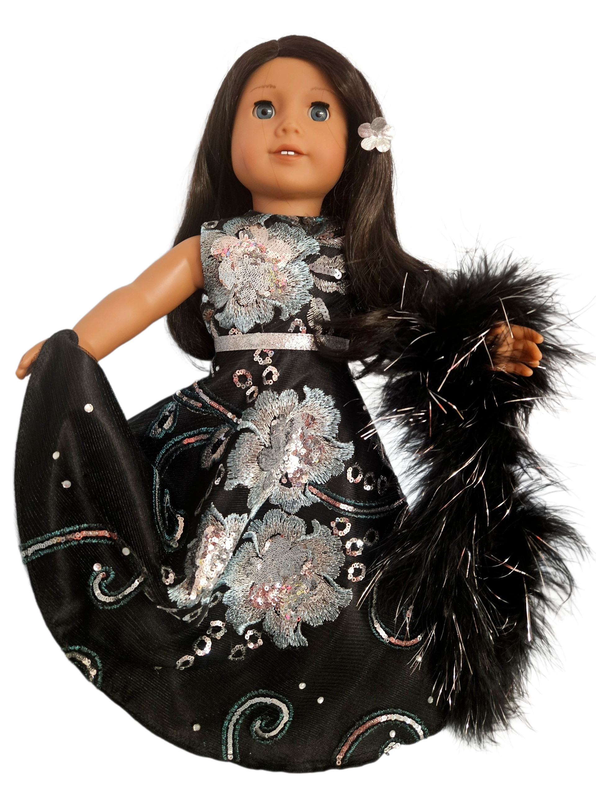 18 inch doll Black & Silver Floral Sequin Gown and Boa #402