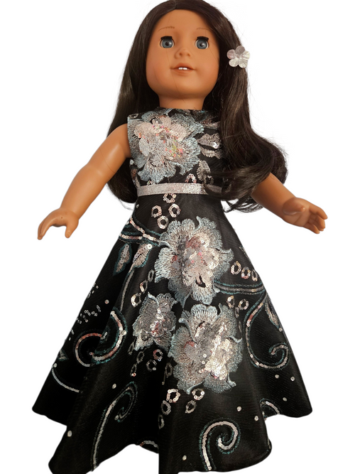 18 inch doll Black & Silver Floral Sequin Gown and Boa #402