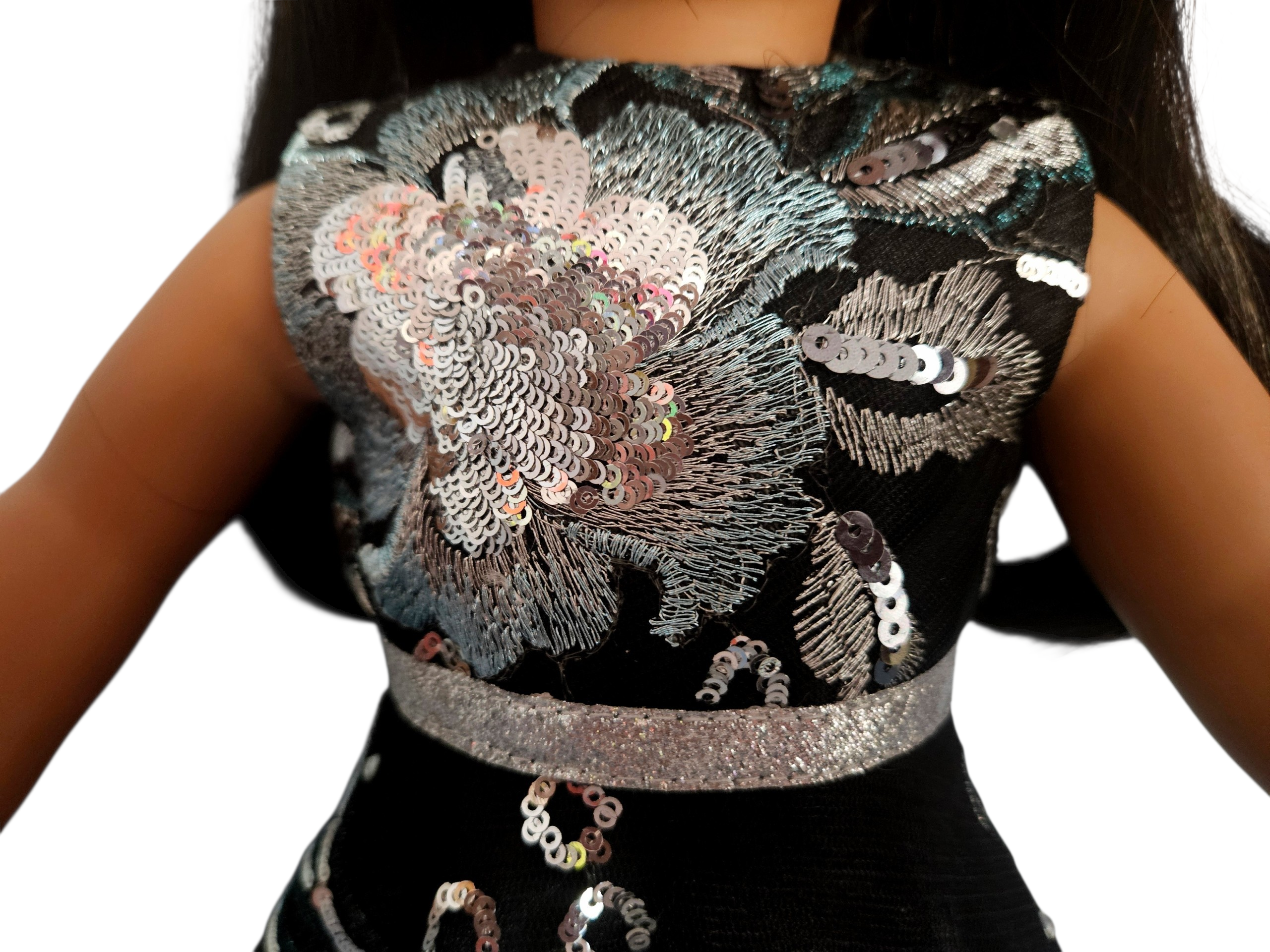 18 inch doll Black & Silver Floral Sequin Gown and Boa #402