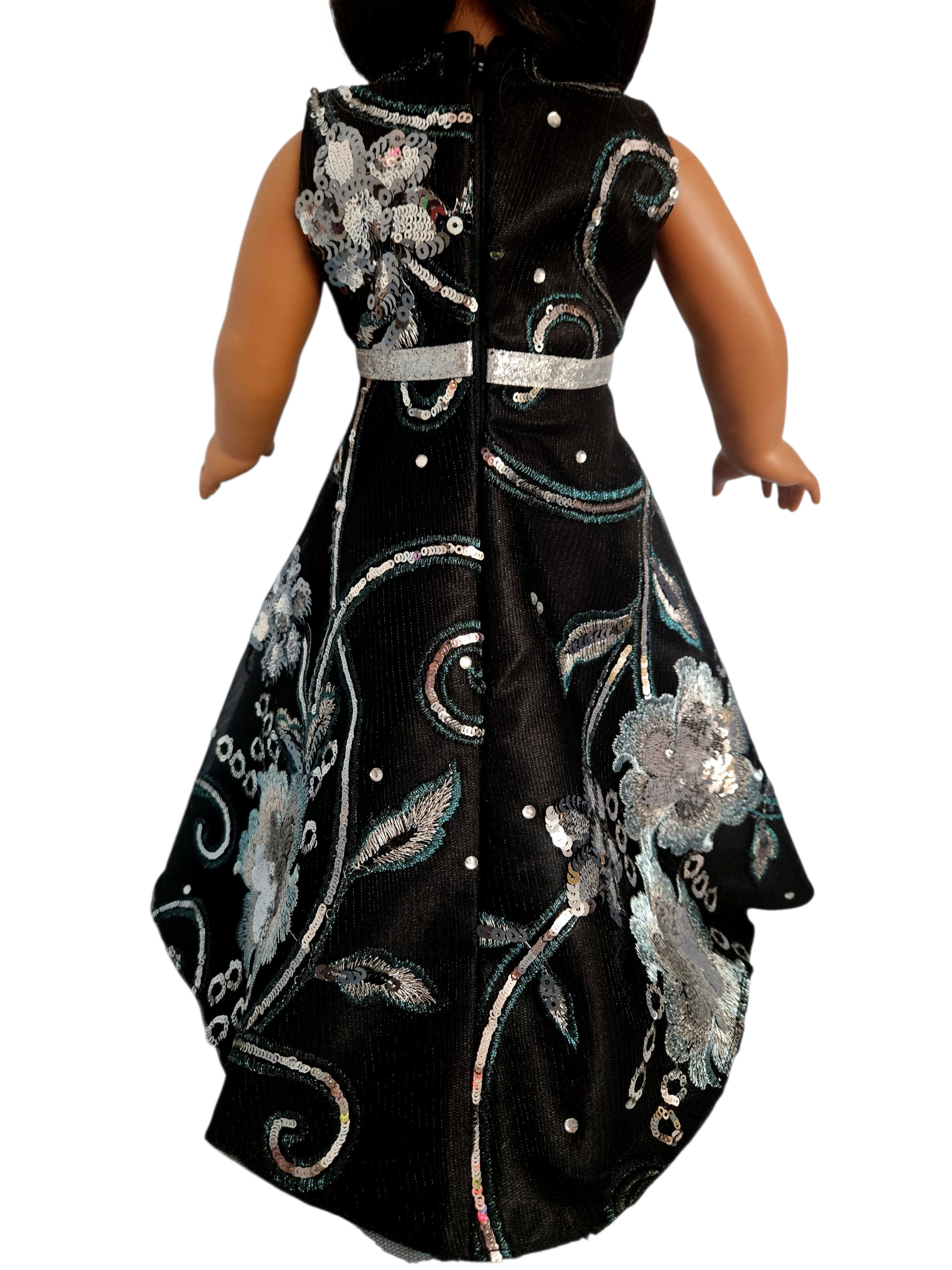 18 inch doll Black & Silver Floral Sequin Gown and Boa #402