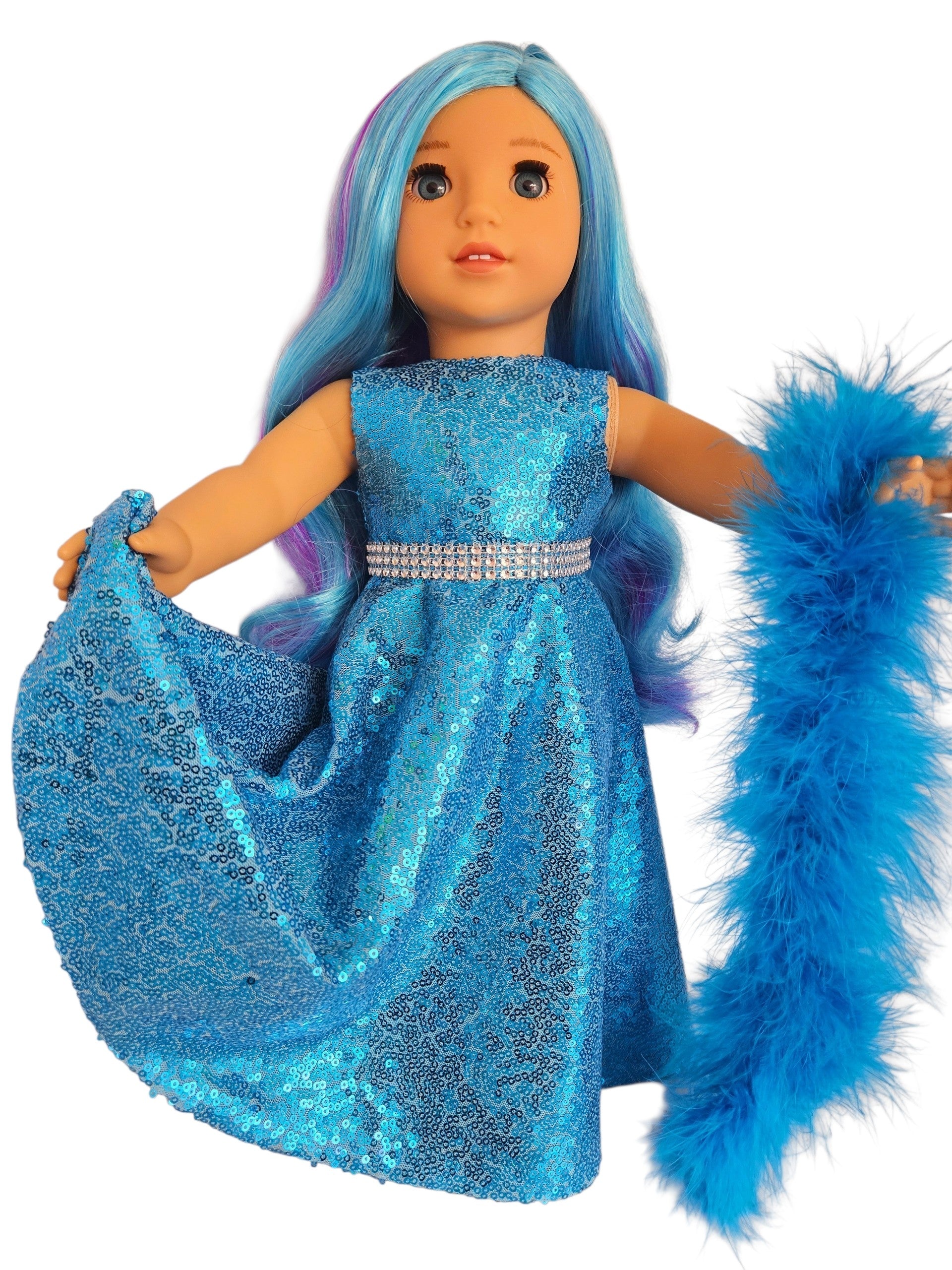 18 inch doll Turquoise Sequin Gown and Boa