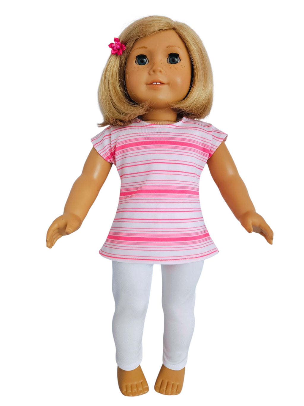 18 inch doll Pink & White Striped Top and White Leggings