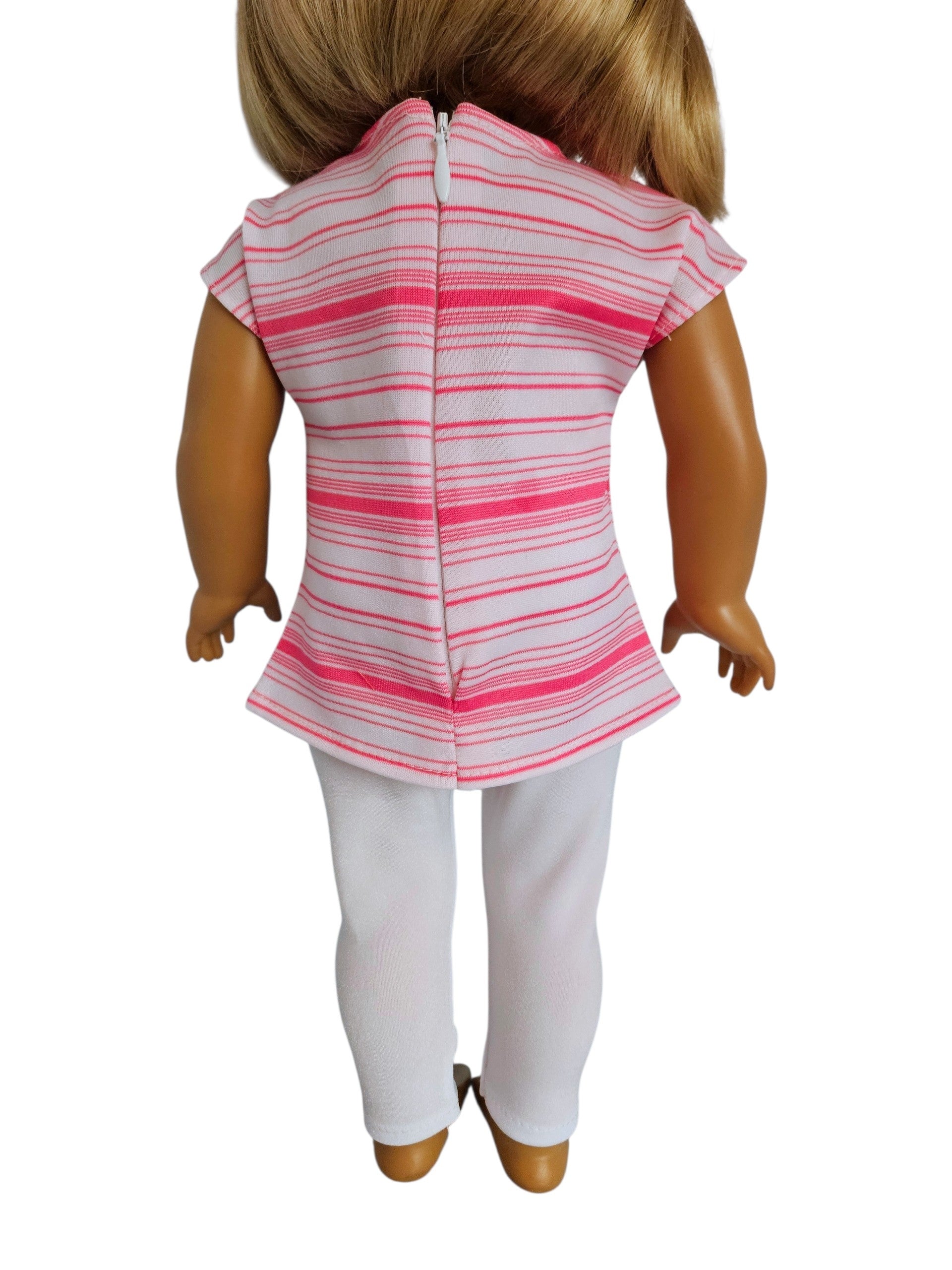 18 inch doll Pink & White Striped Top and White Leggings
