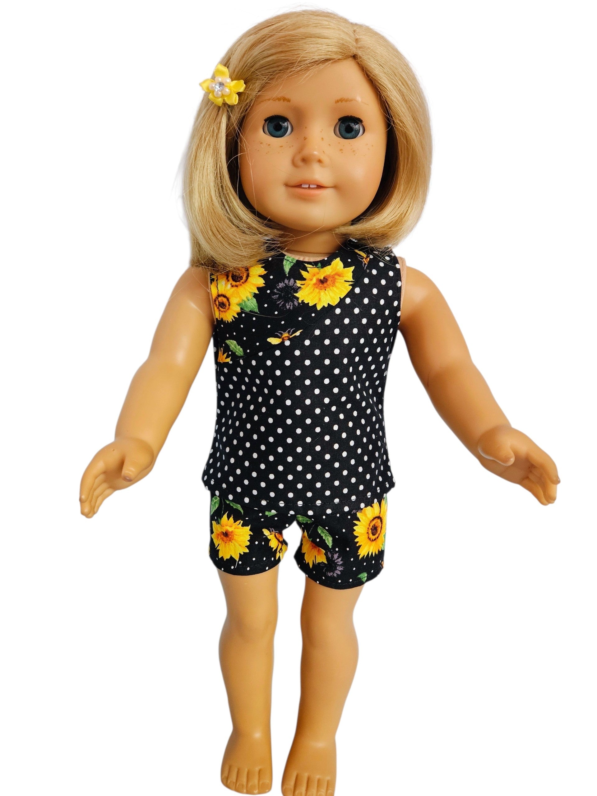 18 inch doll Sunflower Black Polka Dot Shorts & Top