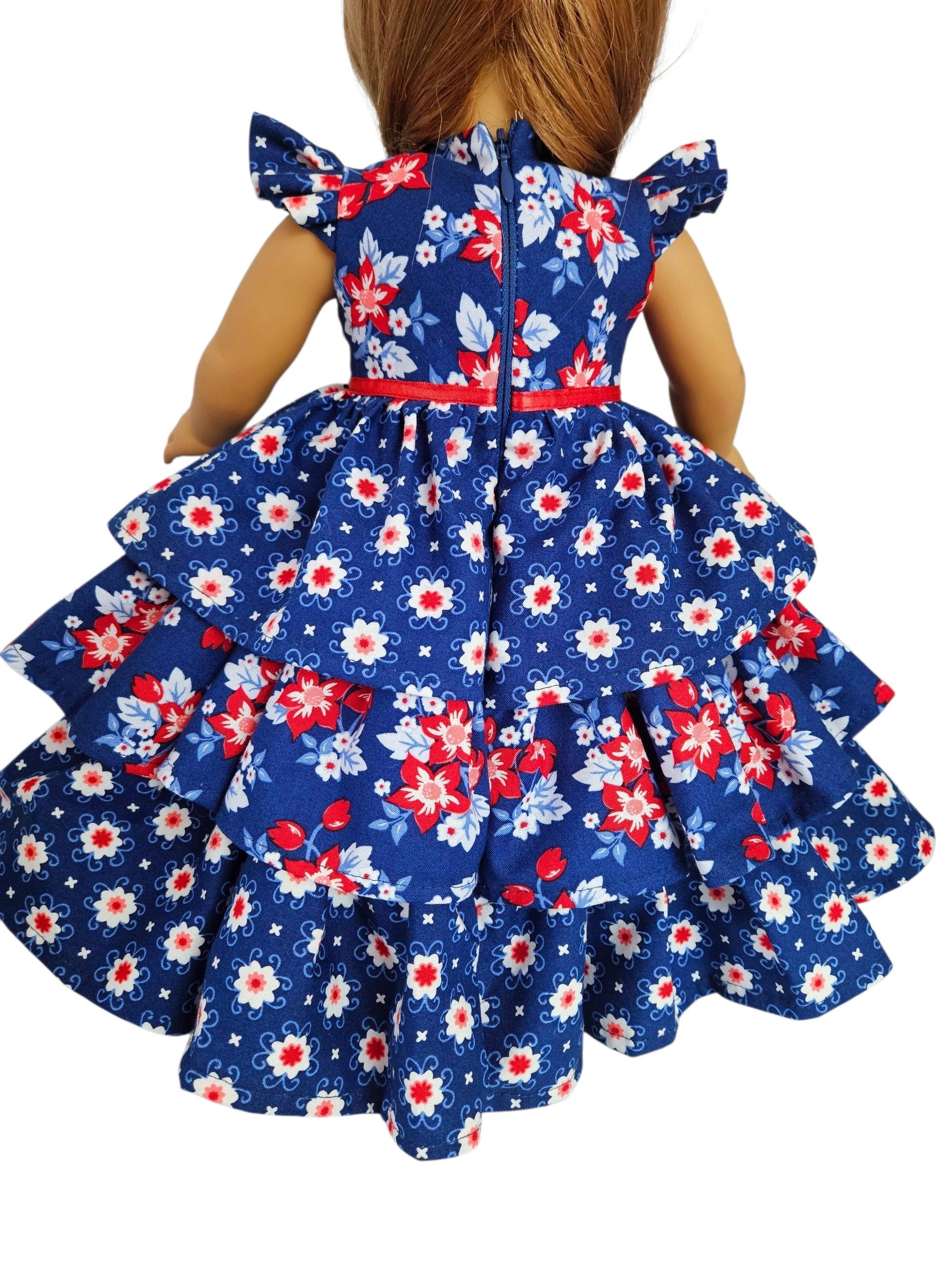 18 inch doll Red White Blue Floral Ruffled Gown