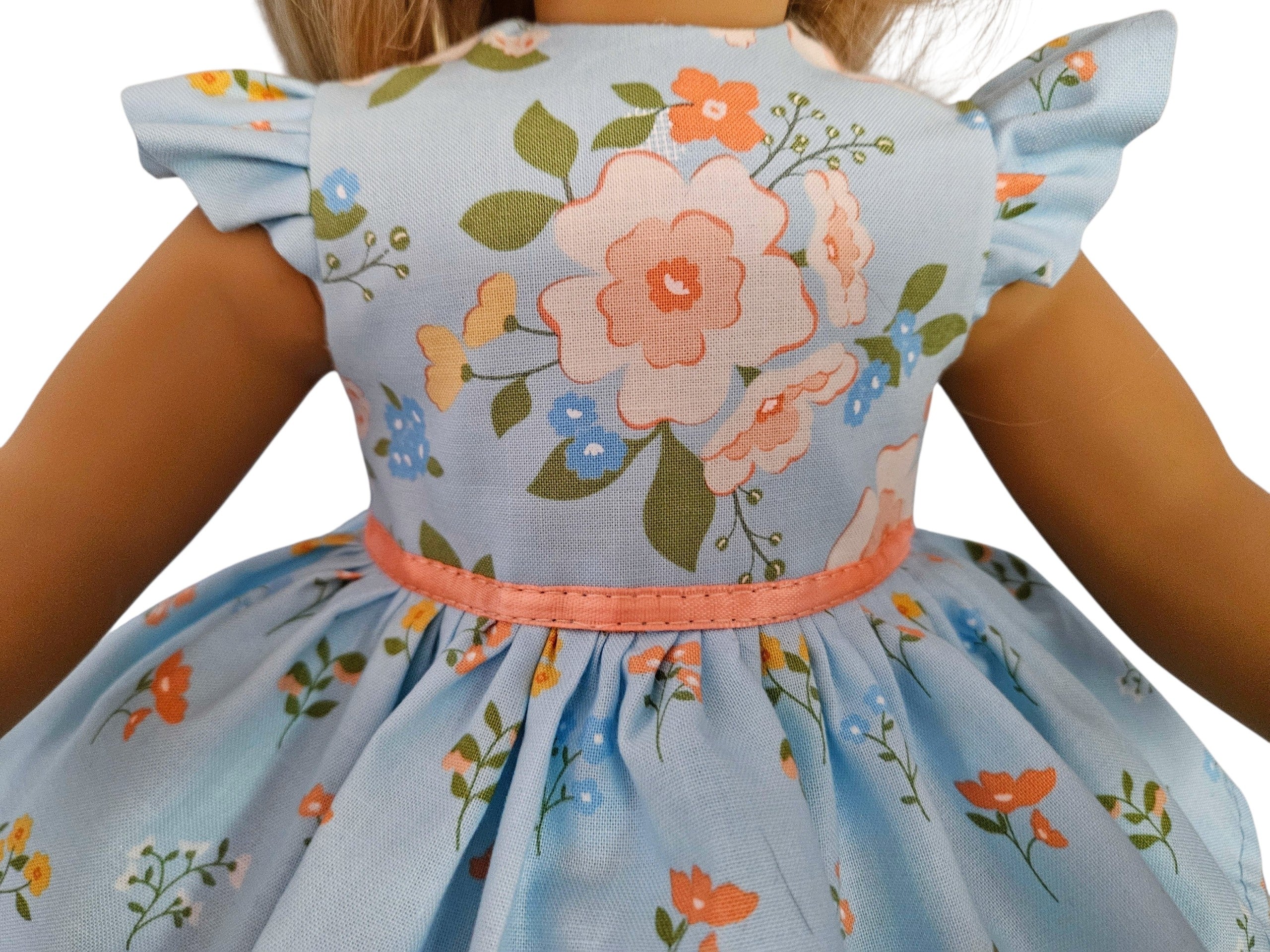 18 inch doll Light Blue and Peach Floral Ruffled Gown