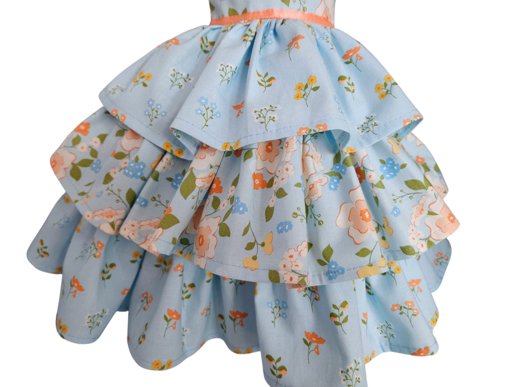 18 inch doll Light Blue and Peach Floral Ruffled Gown