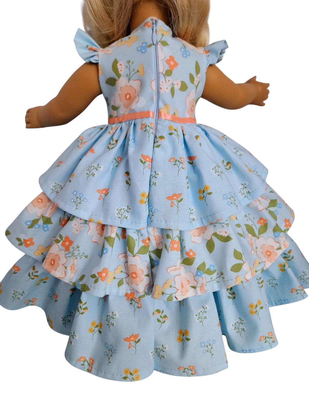18 inch doll Light Blue and Peach Floral Ruffled Gown