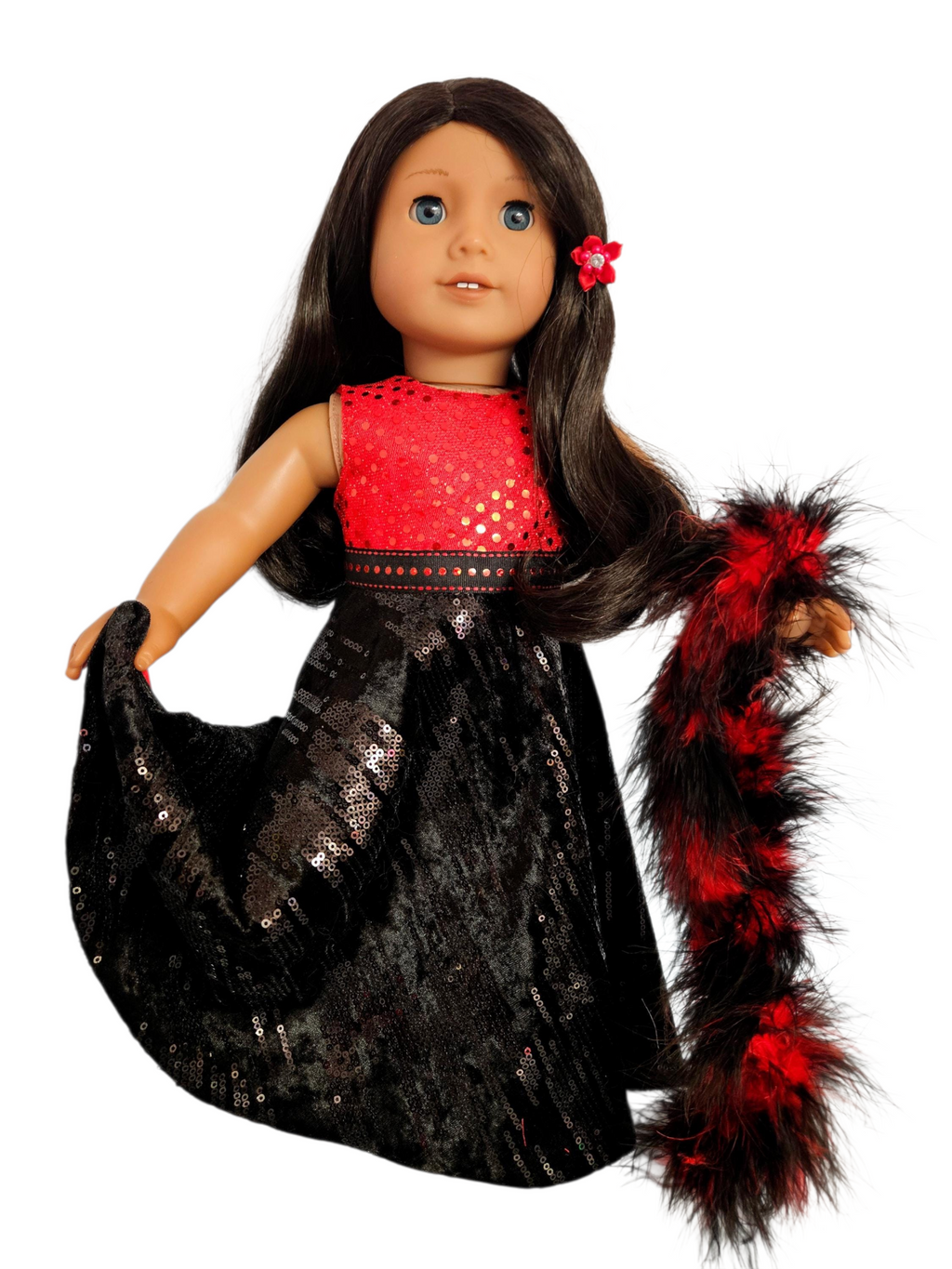 18 inch doll Red Black Velvet Gown & Boa #406