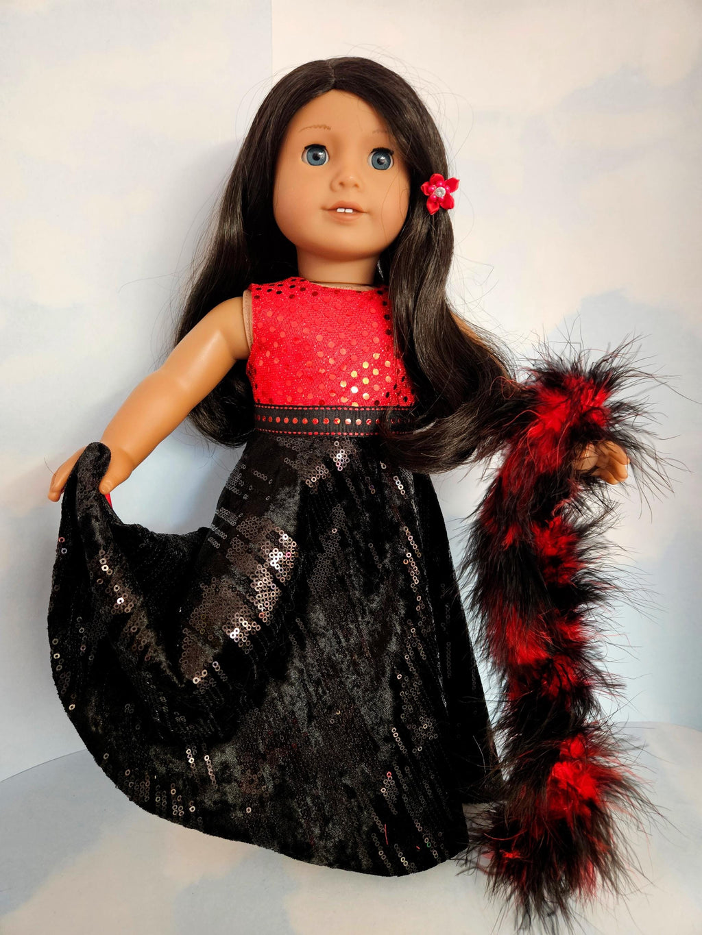 Black Velvet Red Sequin Gown and Boa/handmade/AG doll/18 inch doll