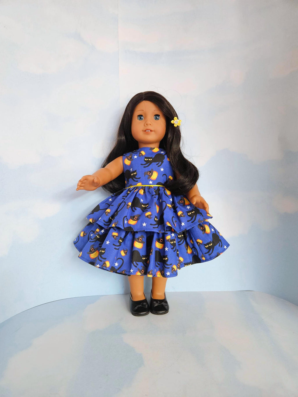 Blue Black Cat Pumpkin Ruffled Dress/handmade/18 inch doll/AG doll