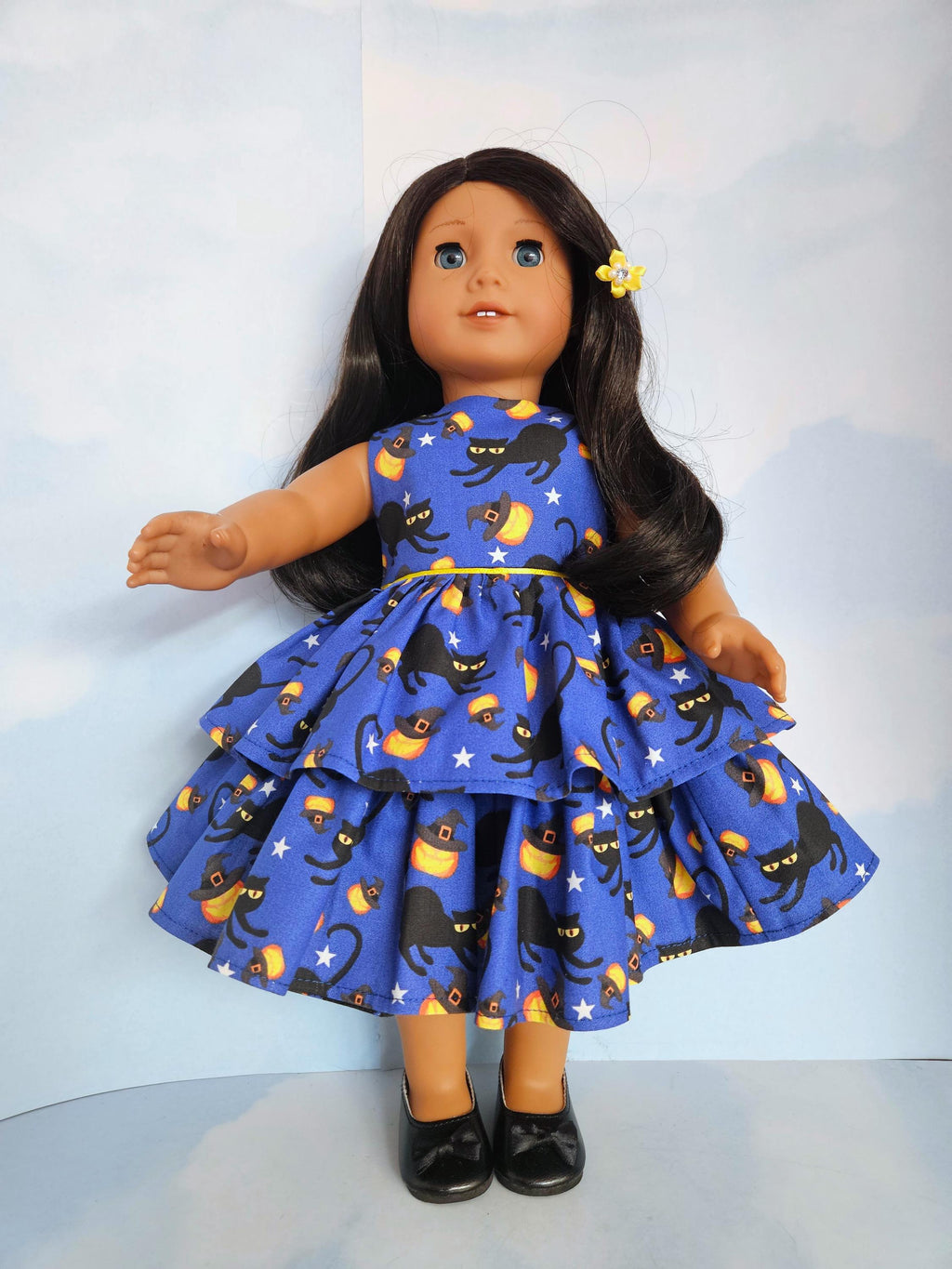 Blue Black Cat Pumpkin Ruffled Dress/handmade/18 inch doll/AG doll