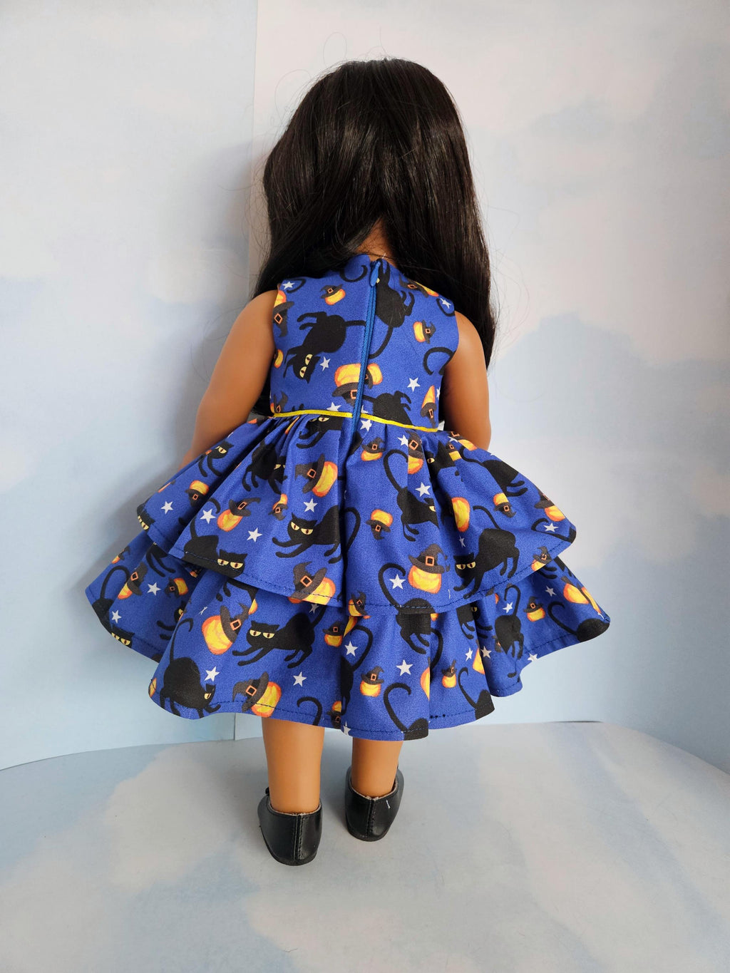 Blue Black Cat Pumpkin Ruffled Dress/handmade/18 inch doll/AG doll
