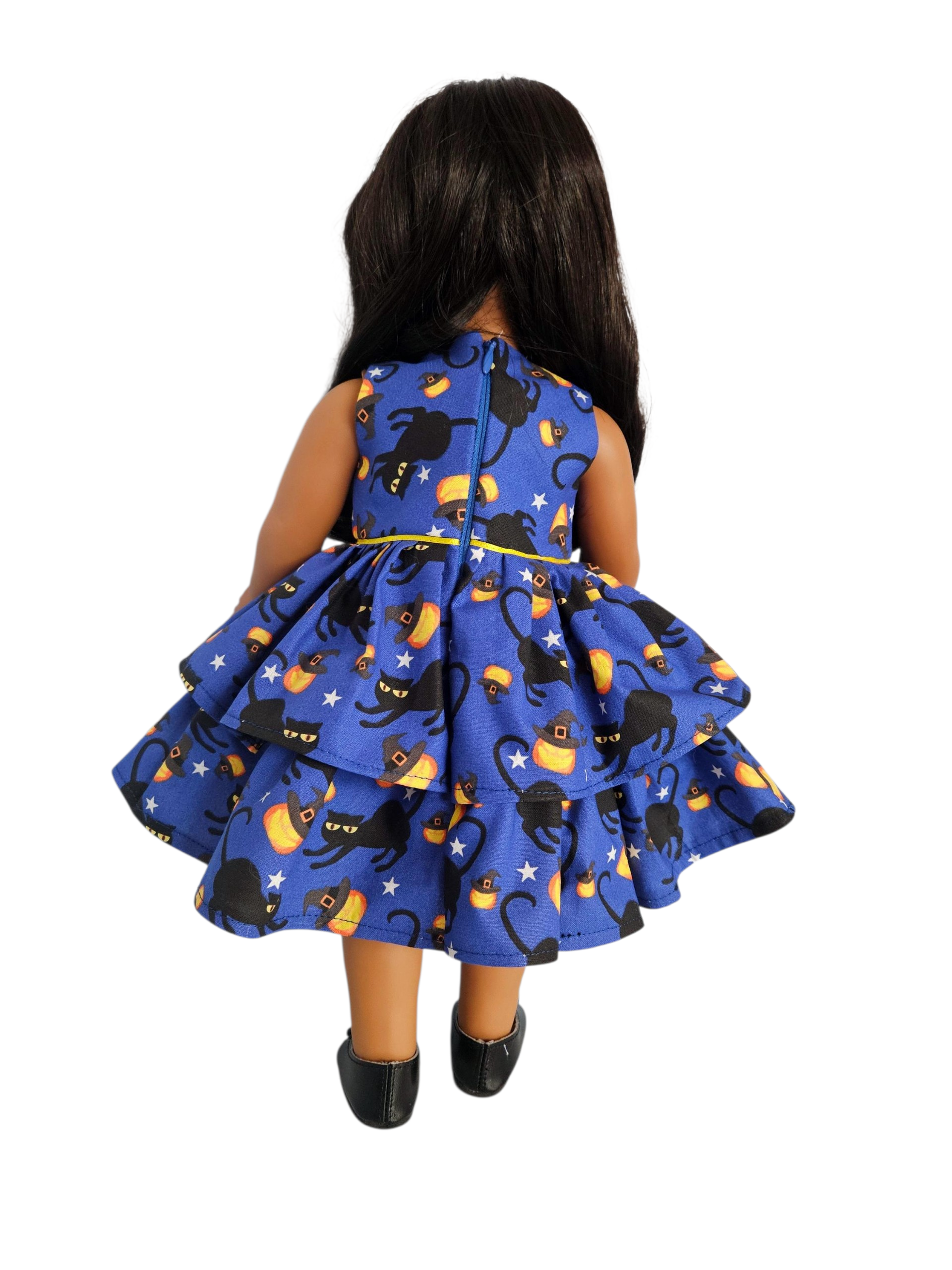 Blue Black Cat Pumpkin Ruffled Dress/handmade/18 inch doll/AG doll