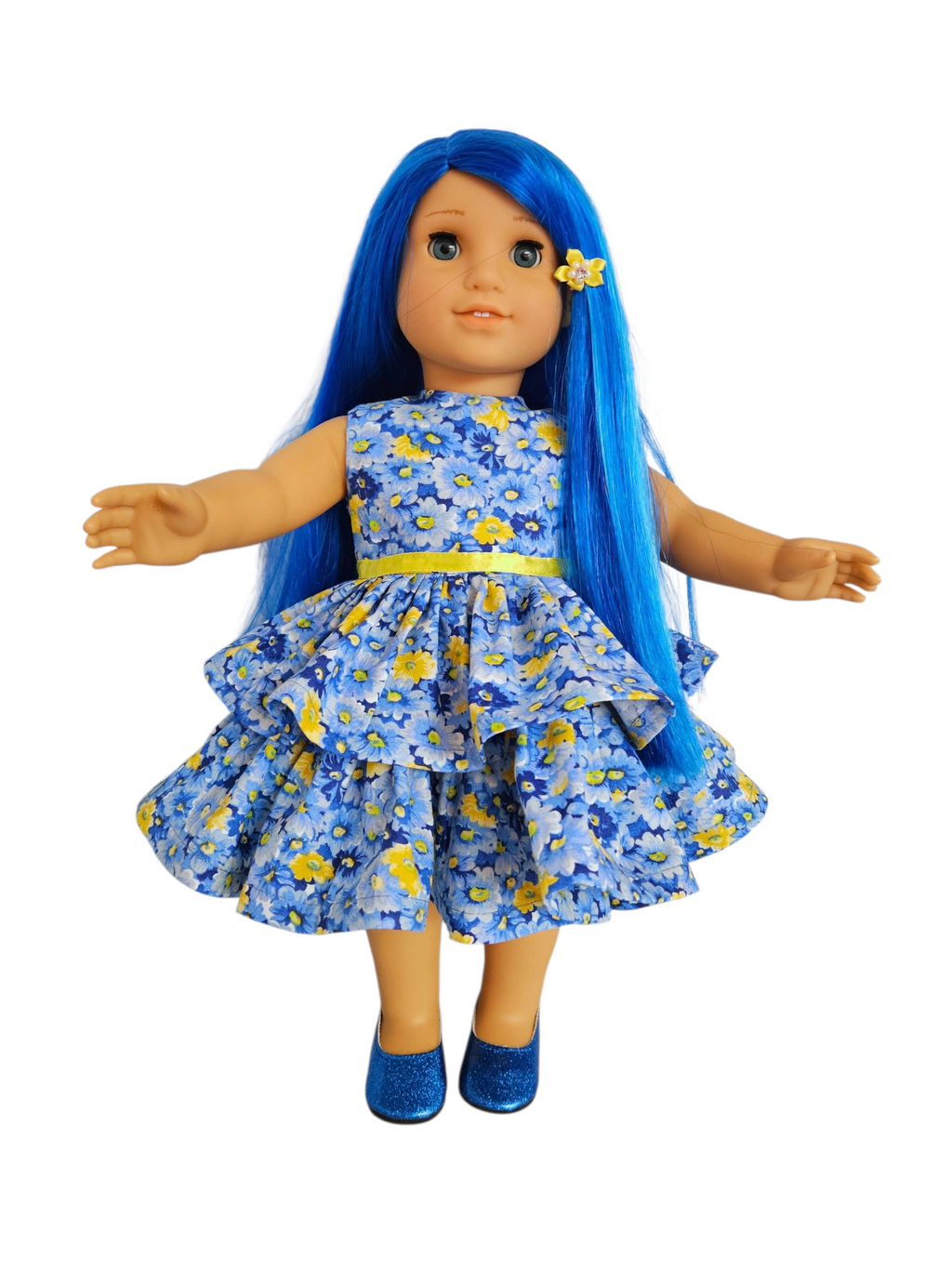 Blue Yellow Floral Ruffled Dress/handmade/18 inch doll/AG doll
