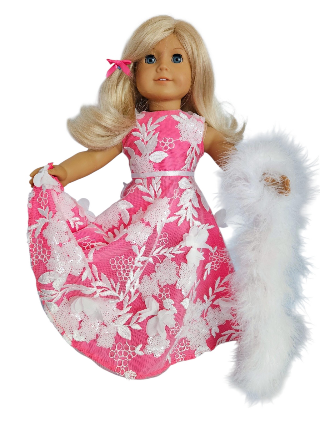 Dk Pink/White 3D Petals and Sequin Gown with Boa/handmade/AG doll/18 inch doll - #213