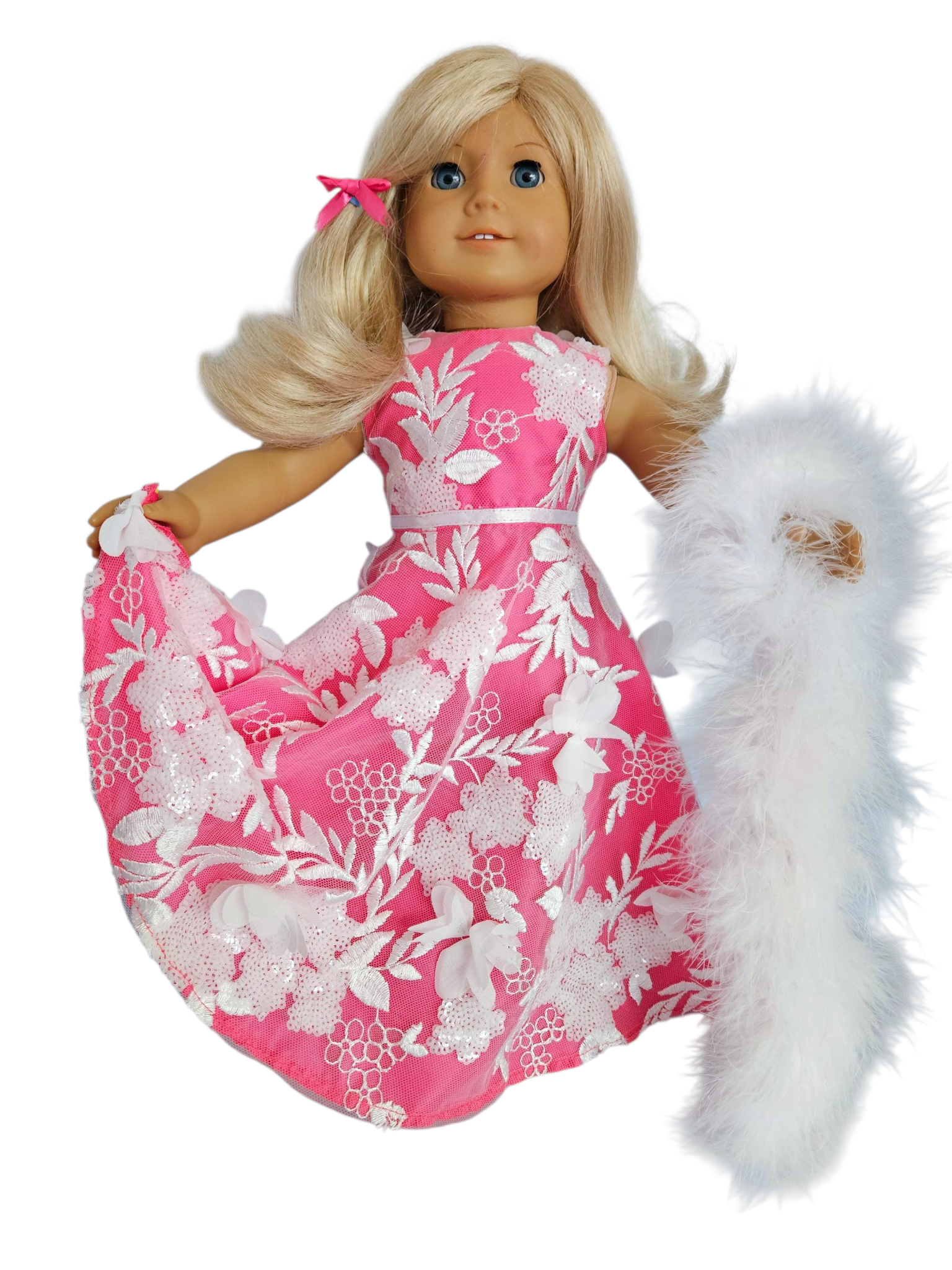 Dk Pink/White 3D Petals and Sequin Gown with Boa/handmade/AG doll/18 inch doll - #213