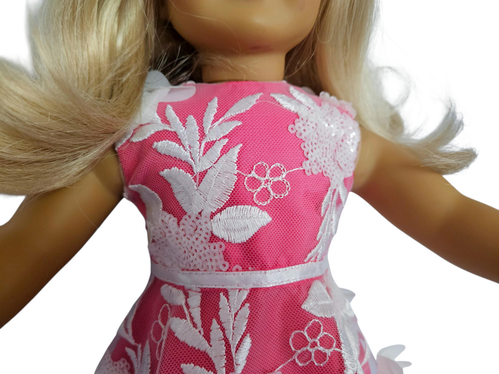 Dk Pink/White 3D Petals and Sequin Gown with Boa/handmade/AG doll/18 inch doll - #213