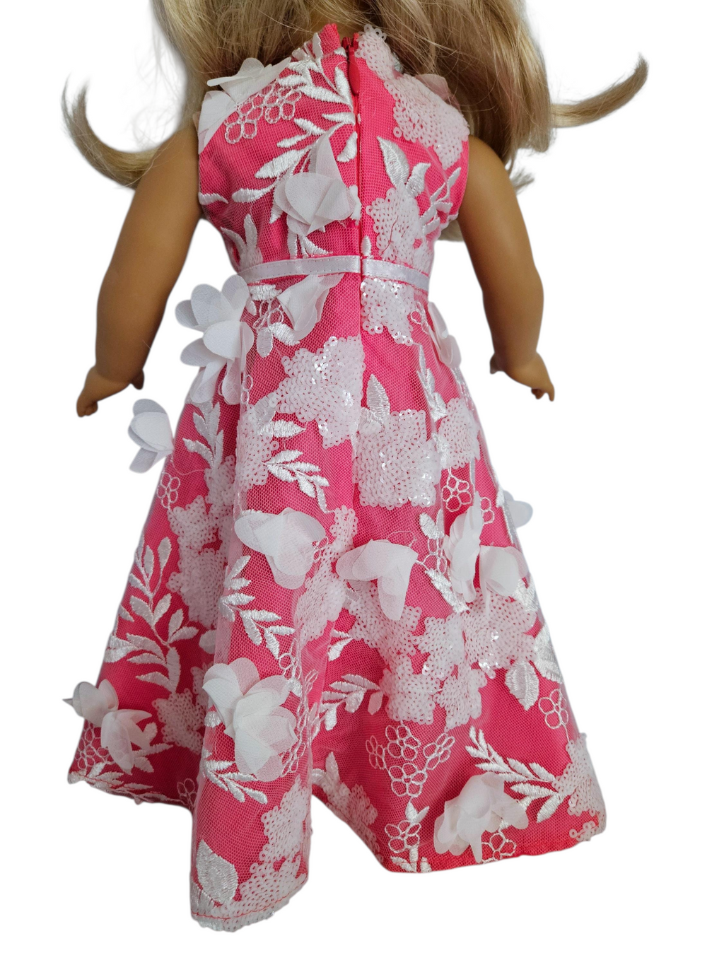 Dk Pink/White 3D Petals and Sequin Gown with Boa/handmade/AG doll/18 inch doll - #213
