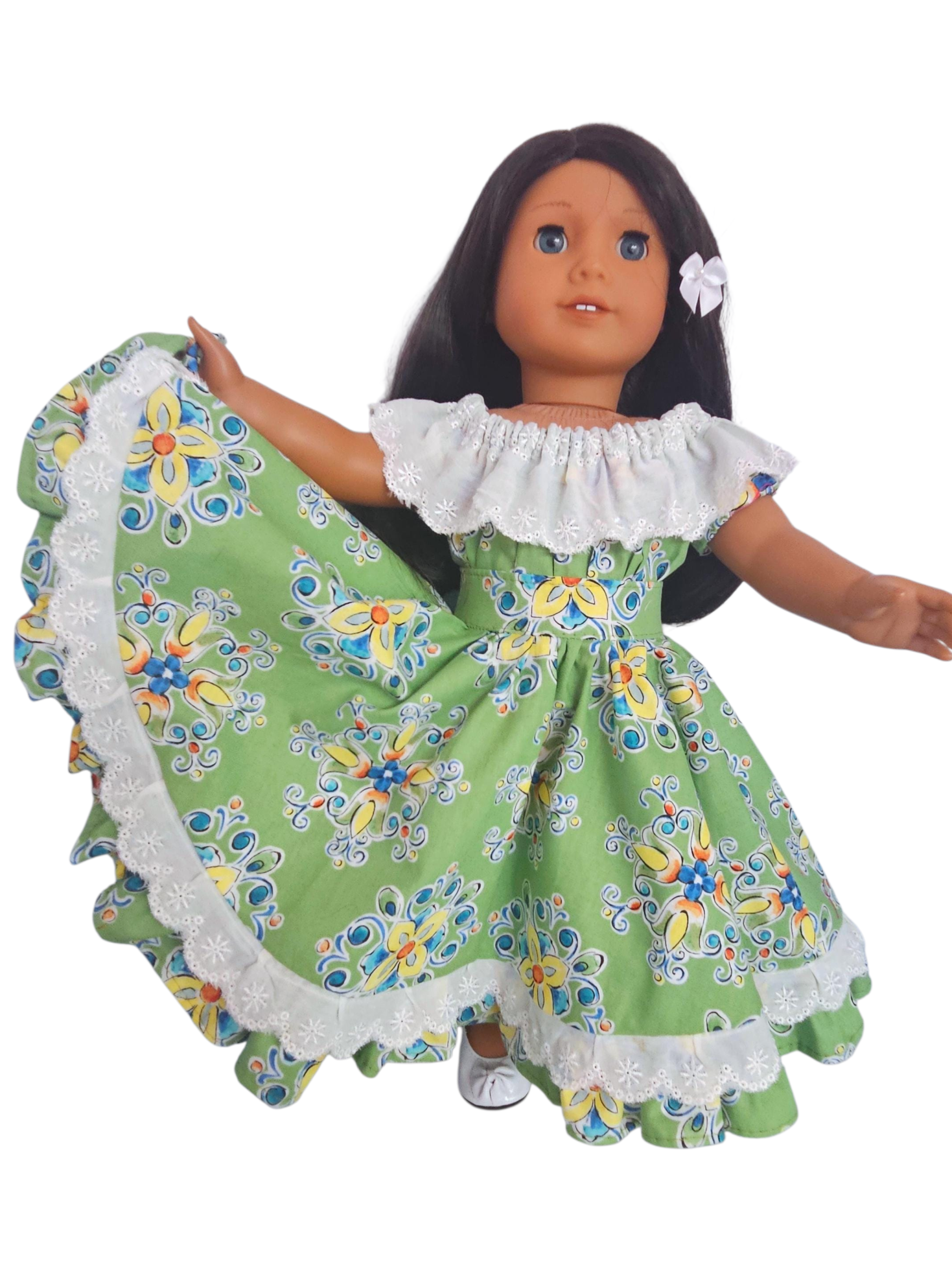 Green Floral Fiesta Gown/handmade/AG doll/18 inch doll