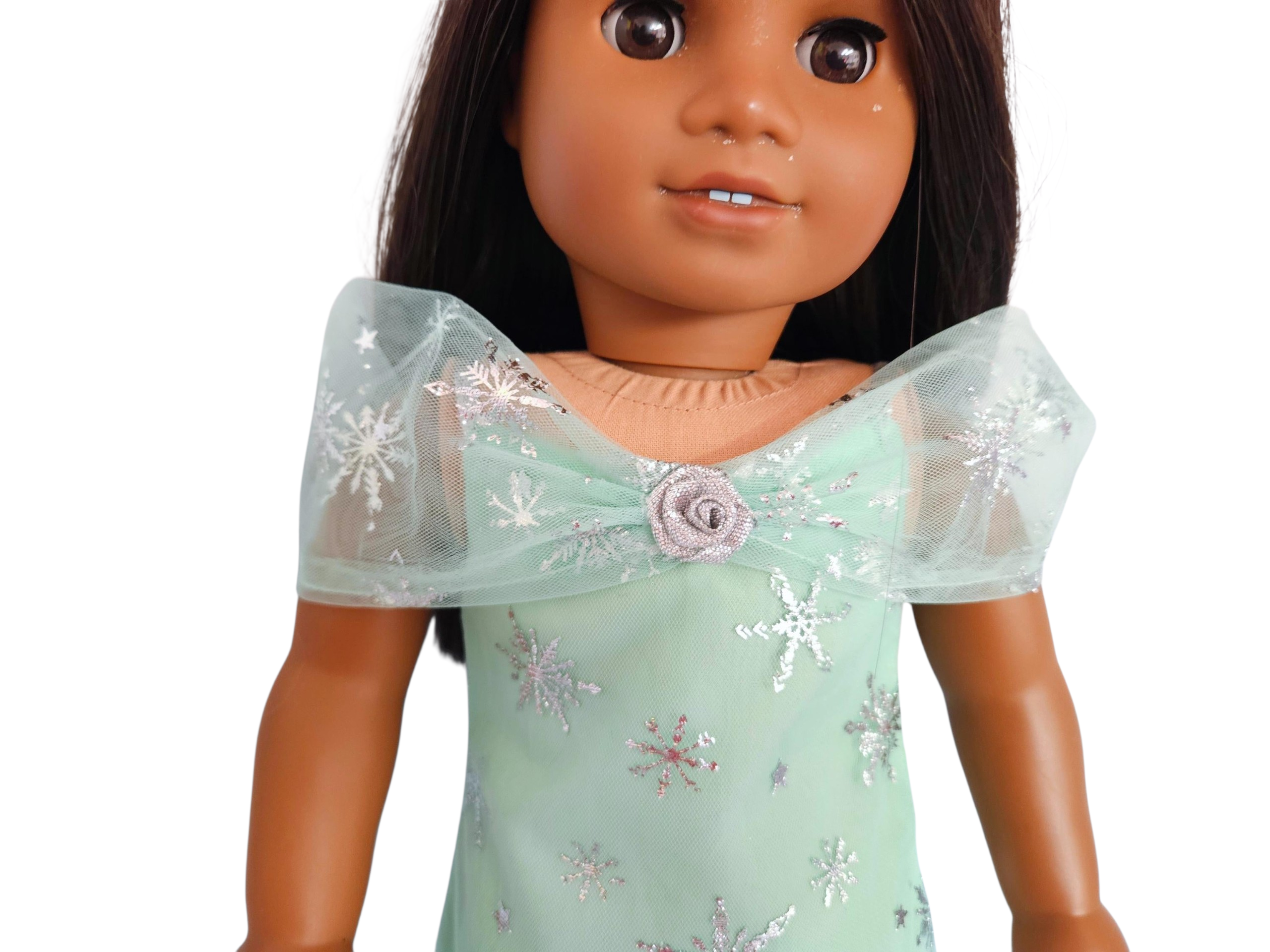 Mint/Silver Snowflakes Drop Waist Gown - handmade/18 inch doll/AG doll - #608