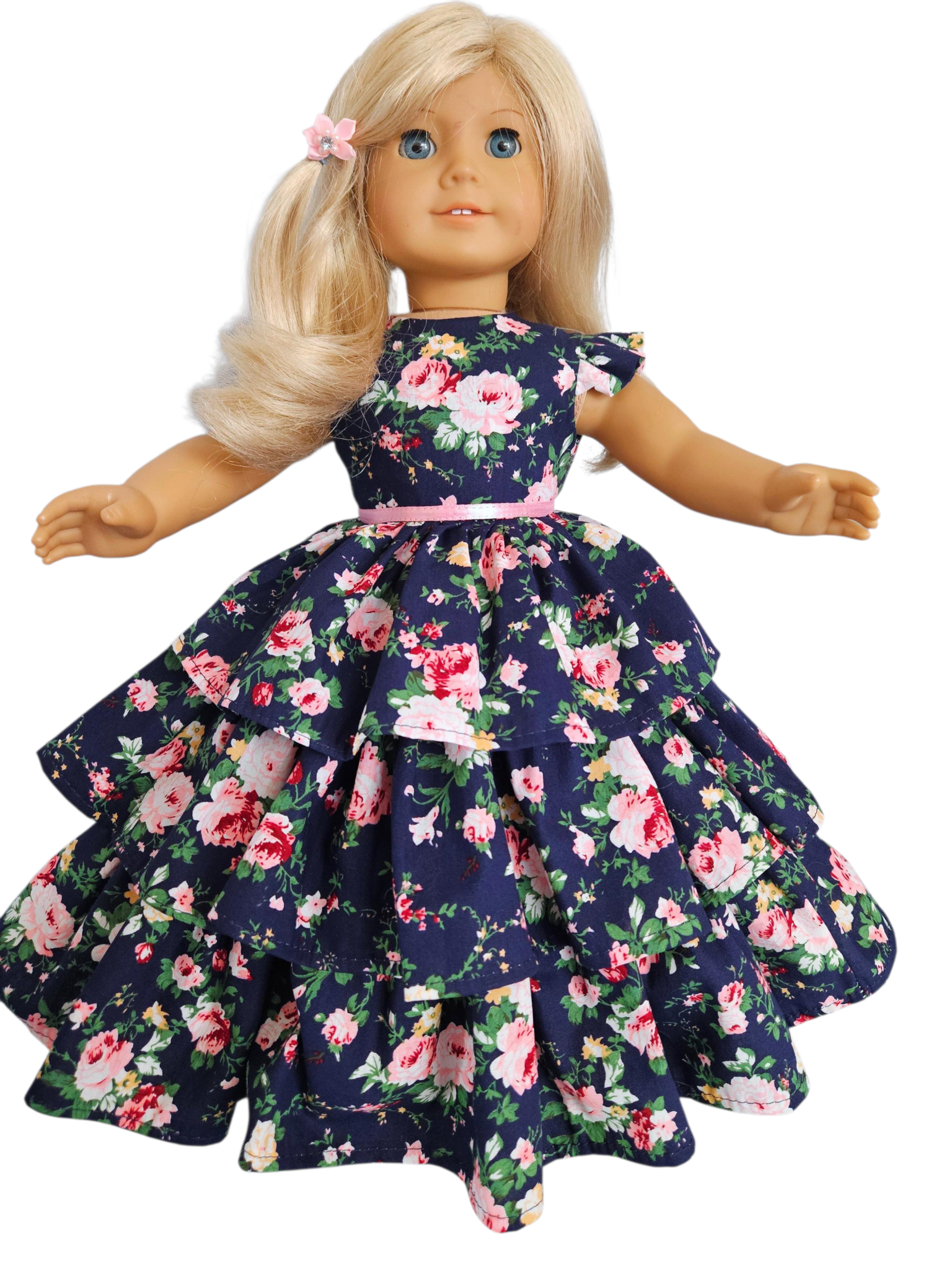 Navy/Pink Floral Ruffled Gown/handmade/AG doll/18 inch doll
