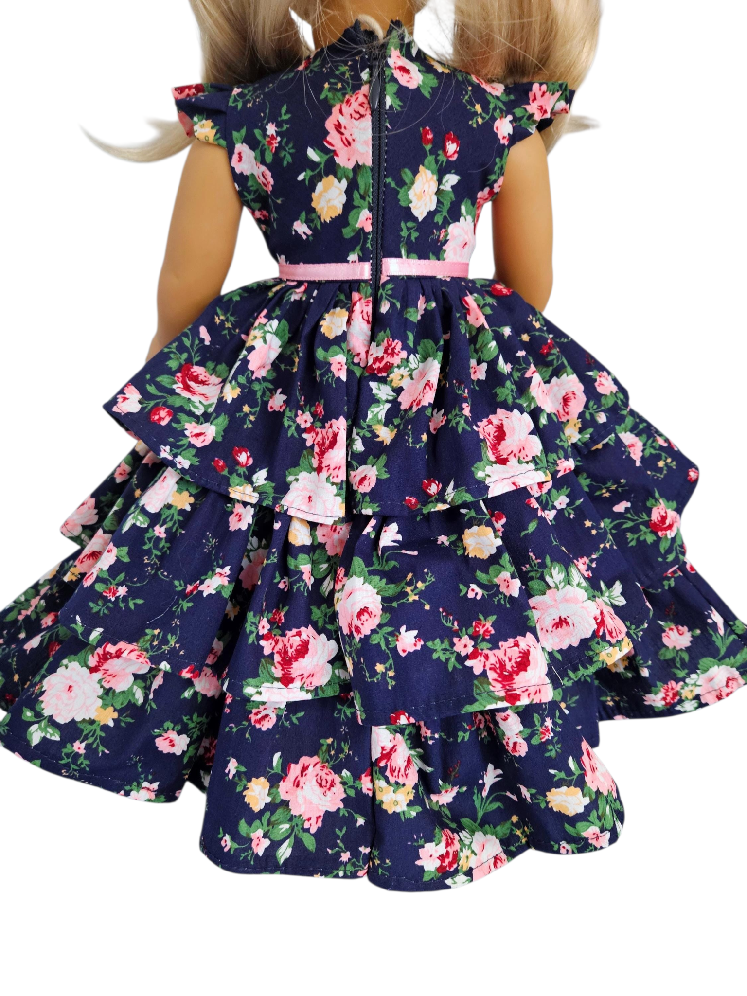 Navy/Pink Floral Ruffled Gown/handmade/AG doll/18 inch doll