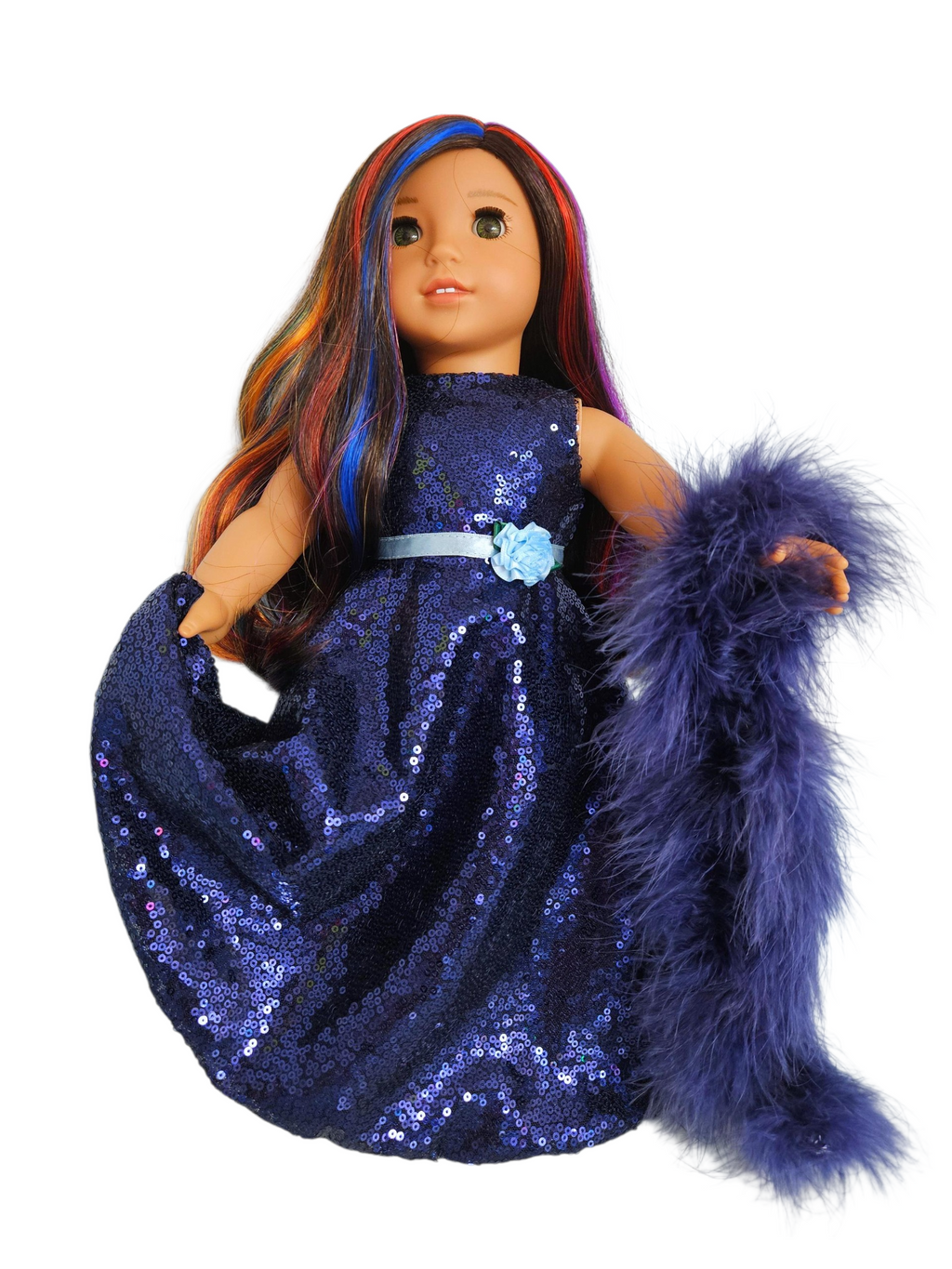 Navy Blue Sequin Gown and Boa/handmade/AG doll/18 inch dolls